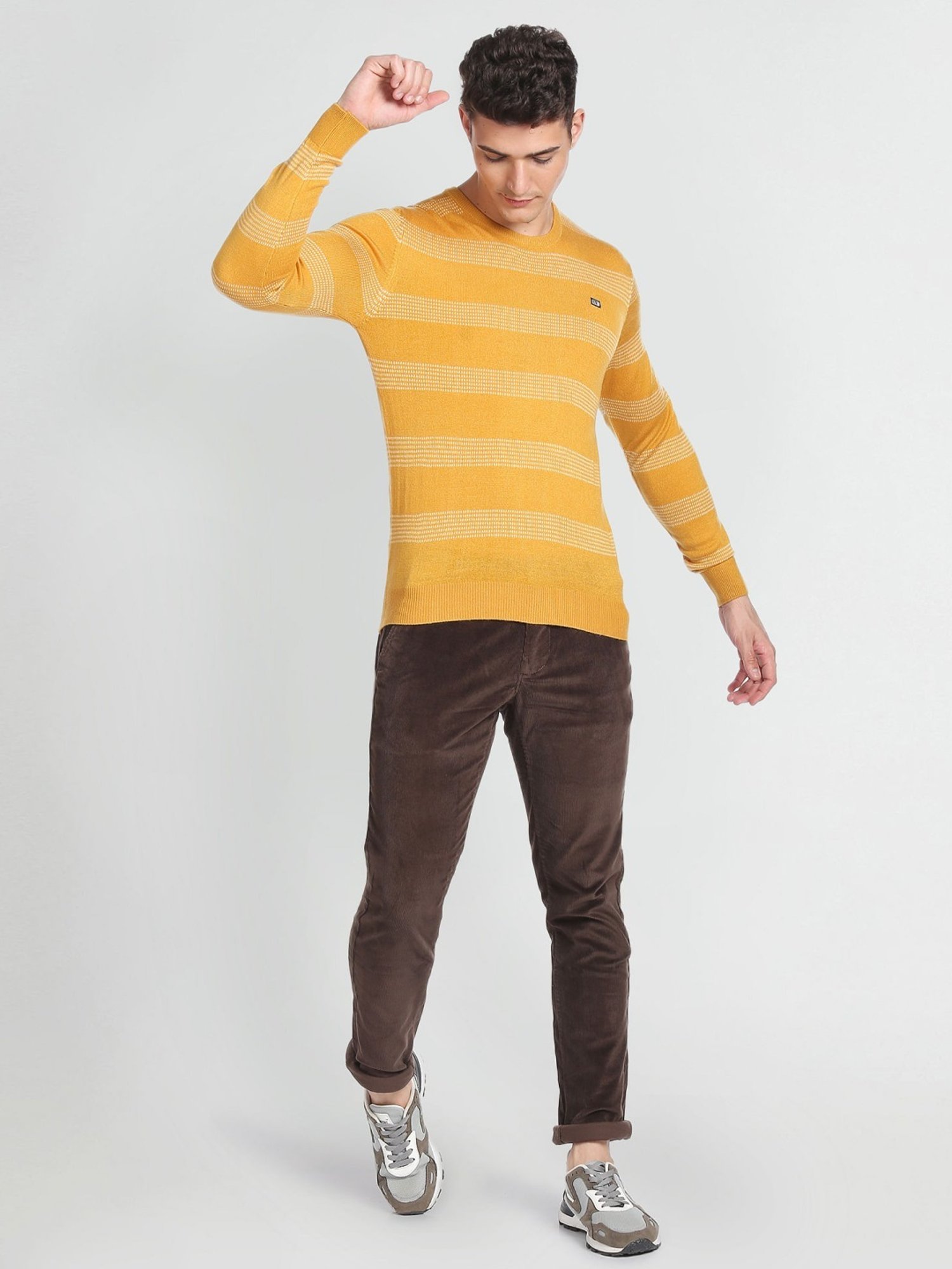 Arrow Sport Yellow Regular Fit Striped Sweater