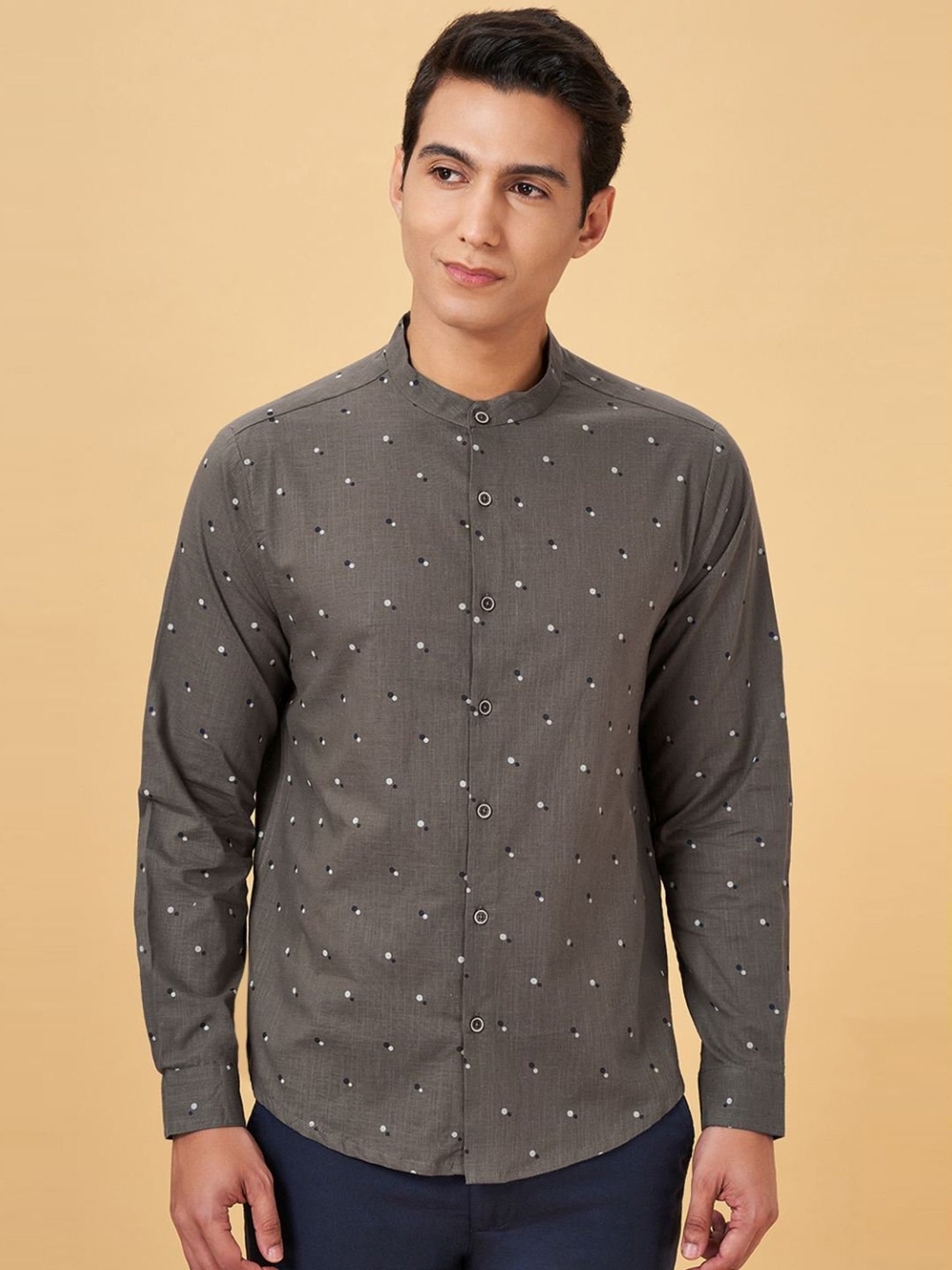 Indus Route By Pantaloons Steel Gray Regular Fit Printed Shirt