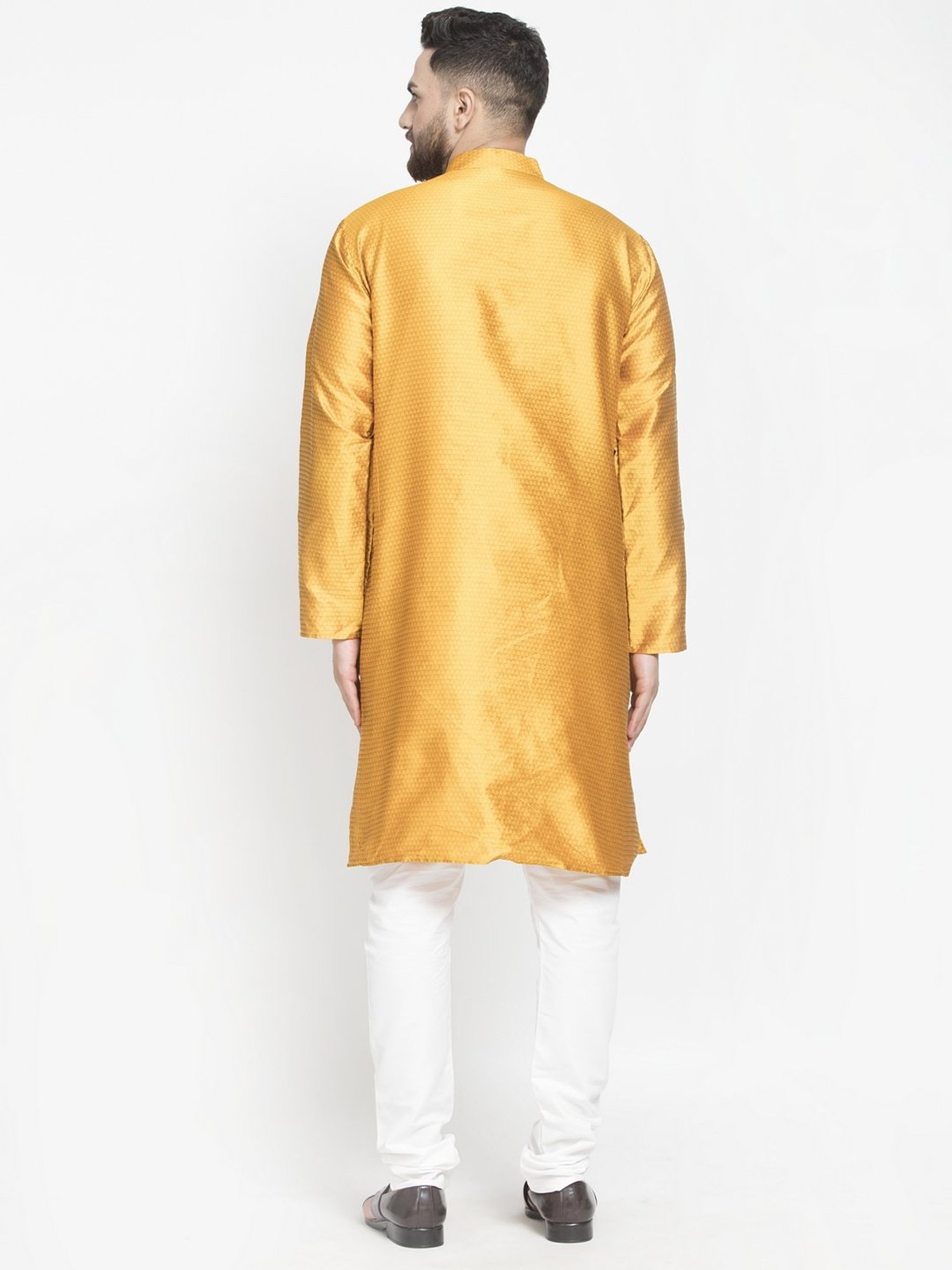 Benstoke Mustard & White Regular Fit Self Pattern Kurta Set