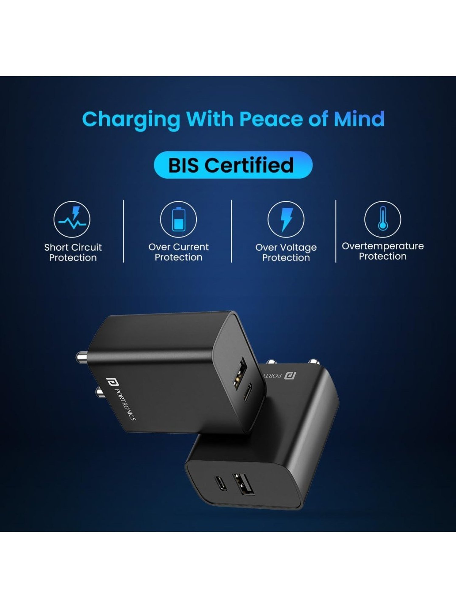 Portronics Adapto 70 33W Fast Charger Adapter with Dual Output USB plus Type C Supports PPS (Black)