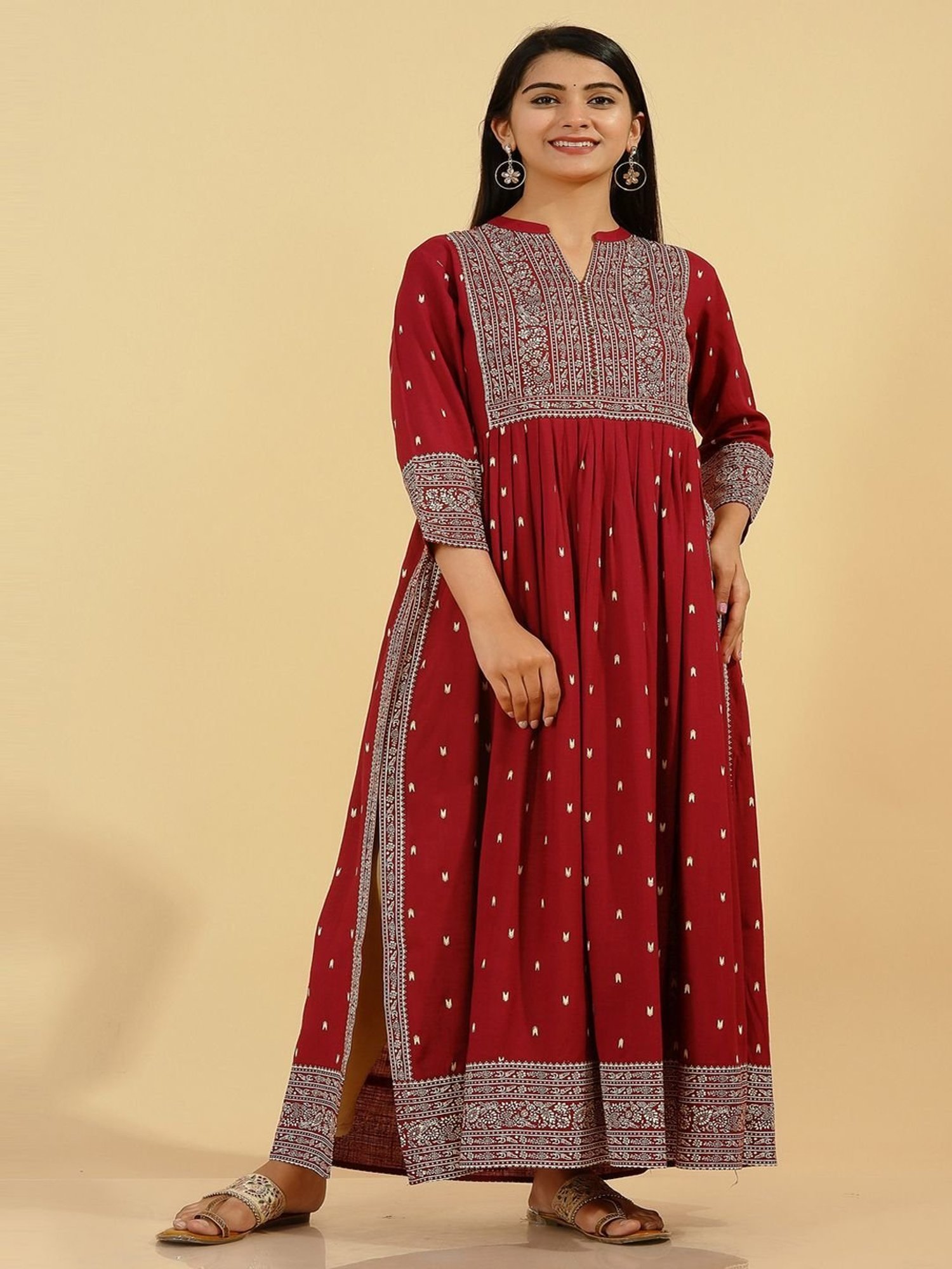 Kipek Maroon Printed High Low Kurta
