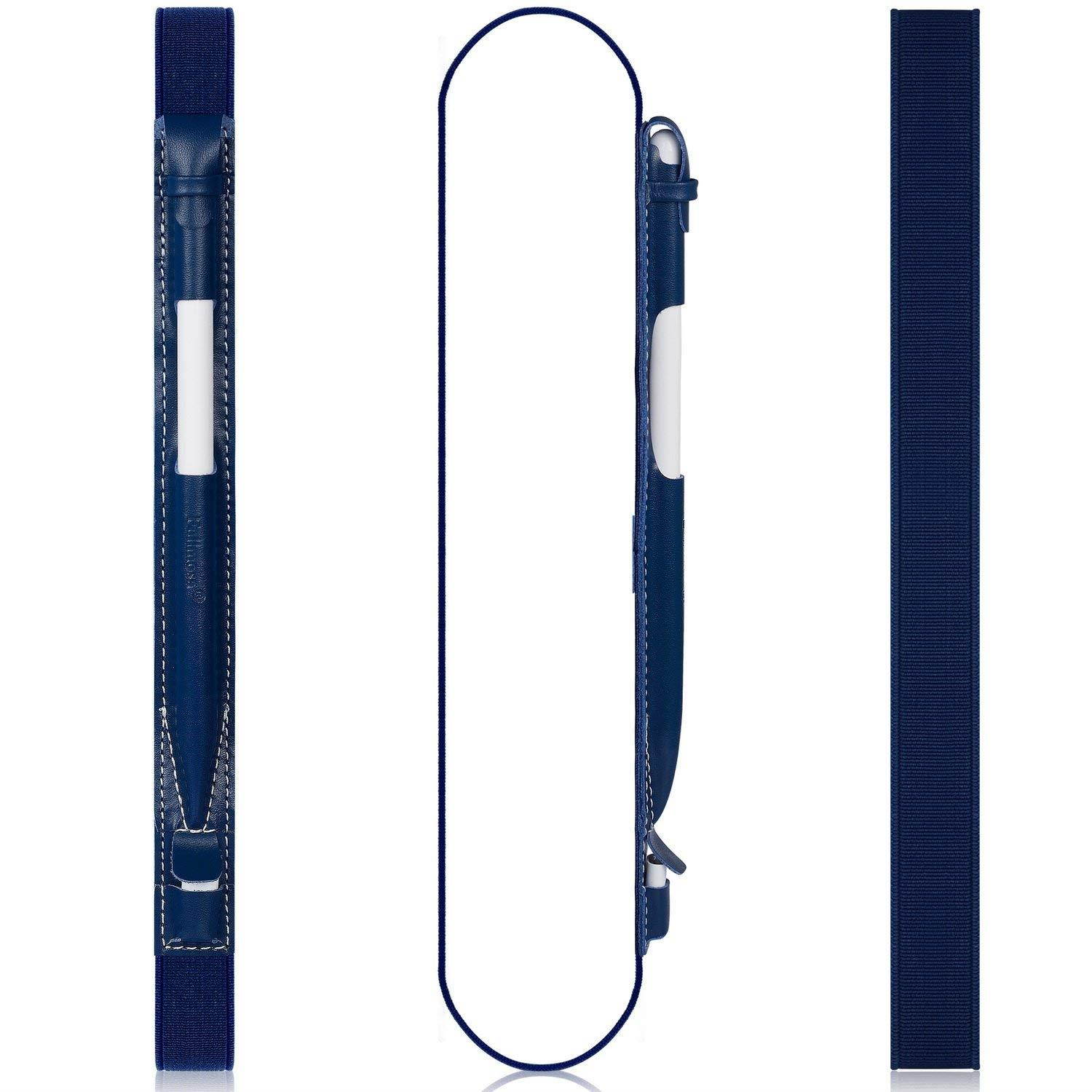 Fullmosa 4 Colors for Apple Pencil Holder, Genuine Litchi Texture Leather Apple Pencil Sleeve with USB pocket Handmade Compatible with iPad Pro 12.9" Cases, Dark Blue