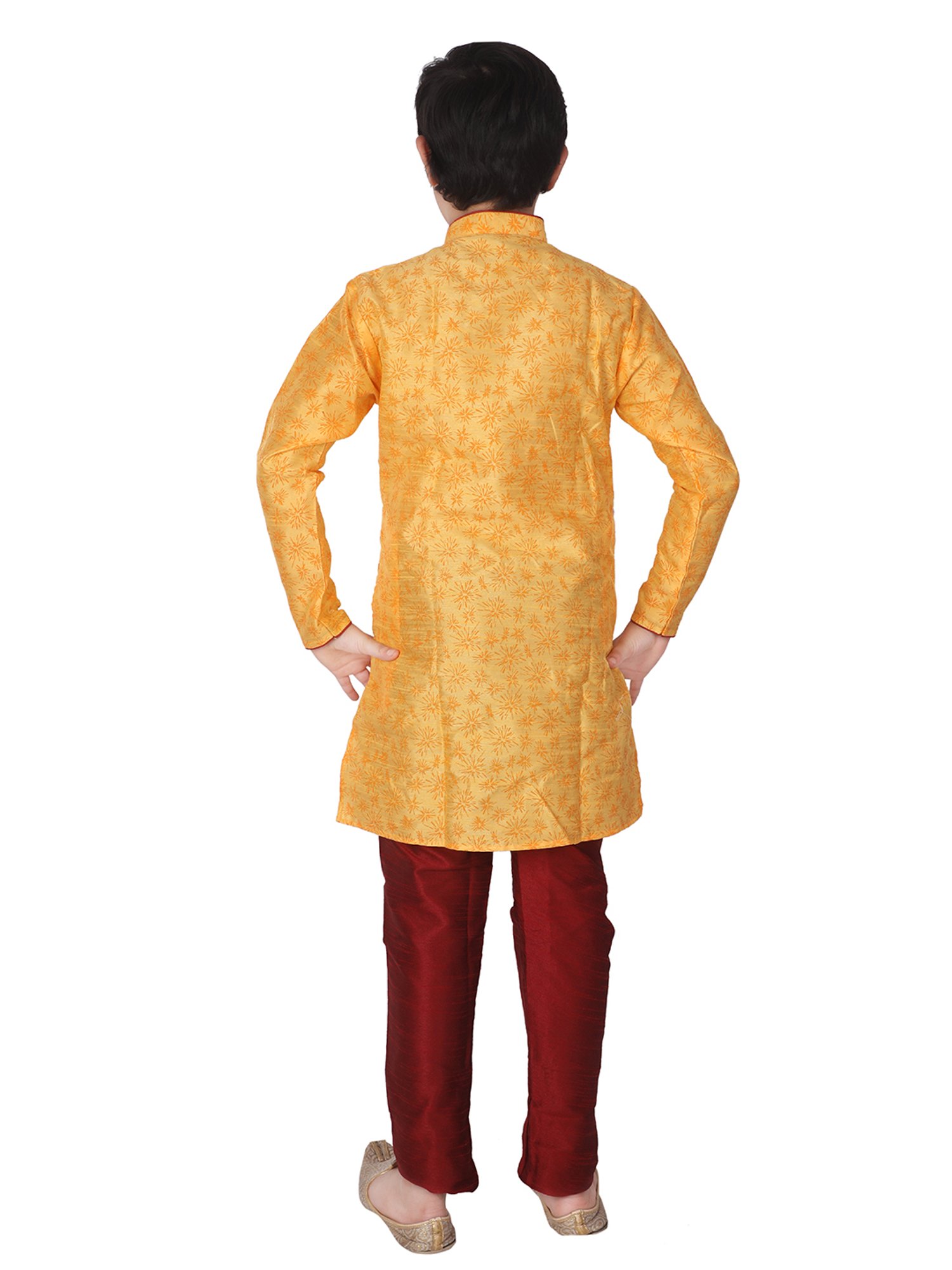 Pro-Ethic Style Developer Kids Yellow & Maroon Printed Full Sleeves Kurta with Churidar