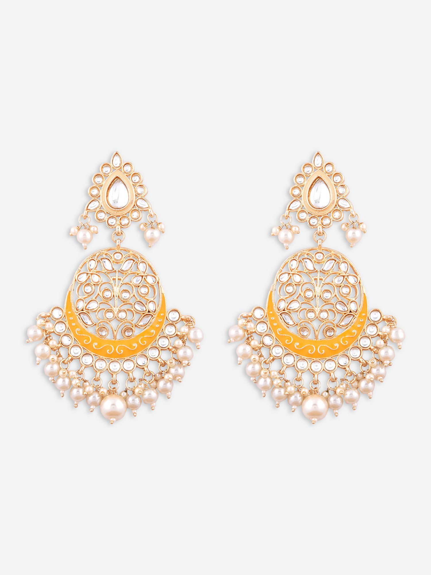 Fida Meenakari Yellow and Pearl White Dangler Earrings