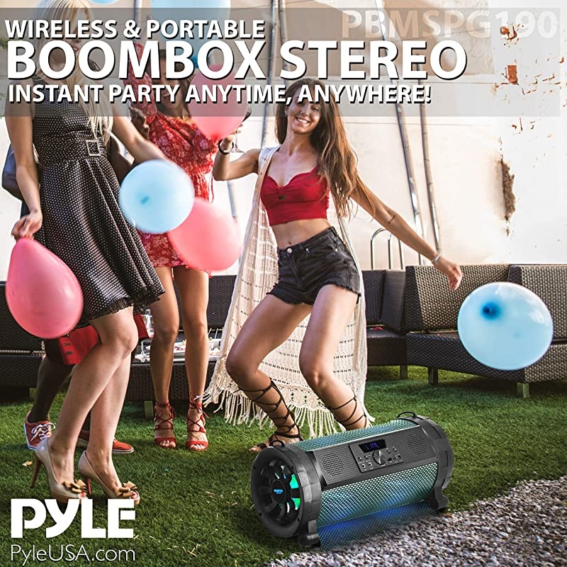 Bluetooth Boombox Street Blaster Stereo Speaker Portable Wireless Power FM Radio MP3 System w Remote LED Lights Rechargeable Battery PBMSPG190