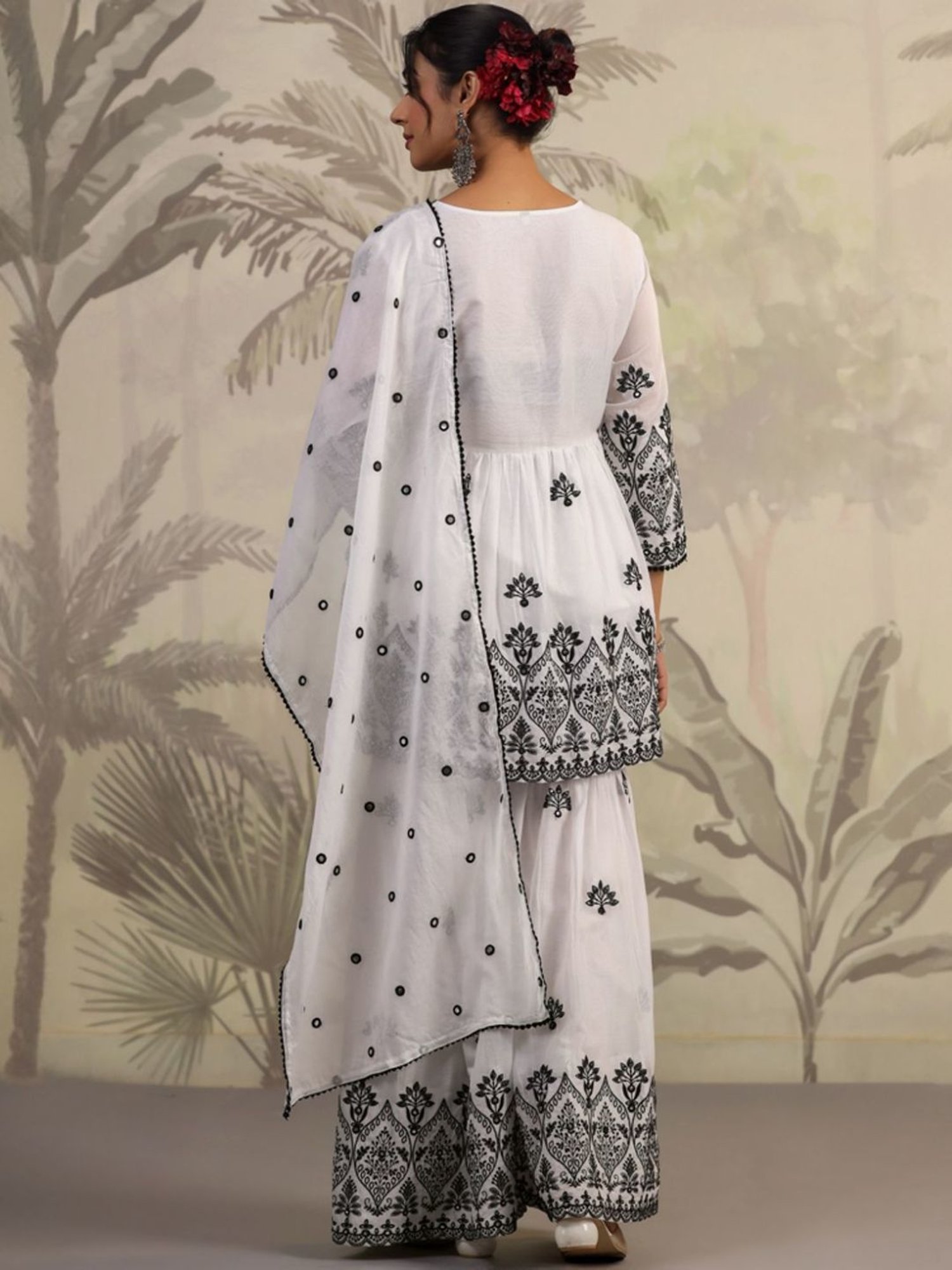 SCAKHI White Mulmul Sequin And Mirror Embroidered Peplum Kurta With Sharara And Dupatta