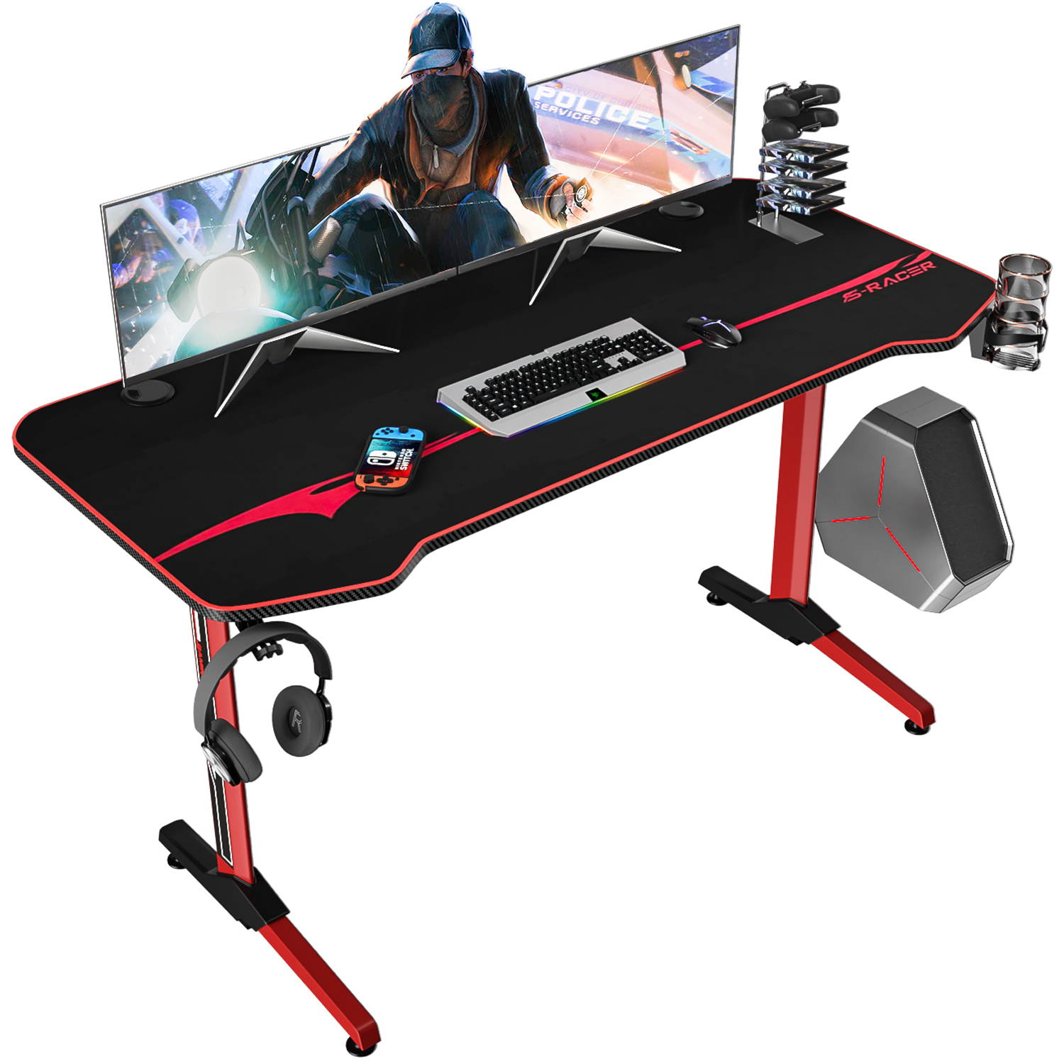 Homall 55 Inch Ergonomic Gaming Desk PC Computer Desk Home Office Table T-shaped Frame Table for Pressional Game Lover with Free Mouse Pad, Headphone Hook, Game Handle Rack and Cup Holder (Red)