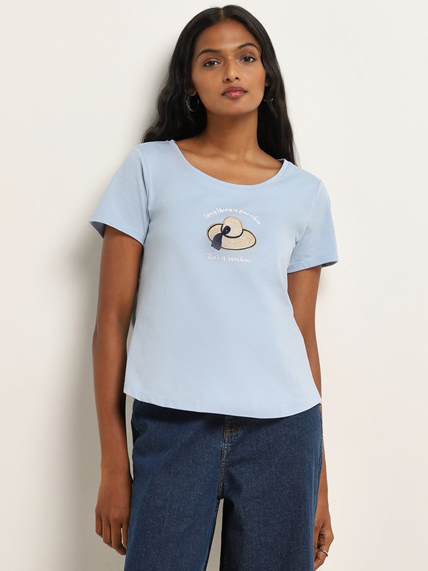 LOV by Westside Light Blue Text Design Cotton T-Shirt