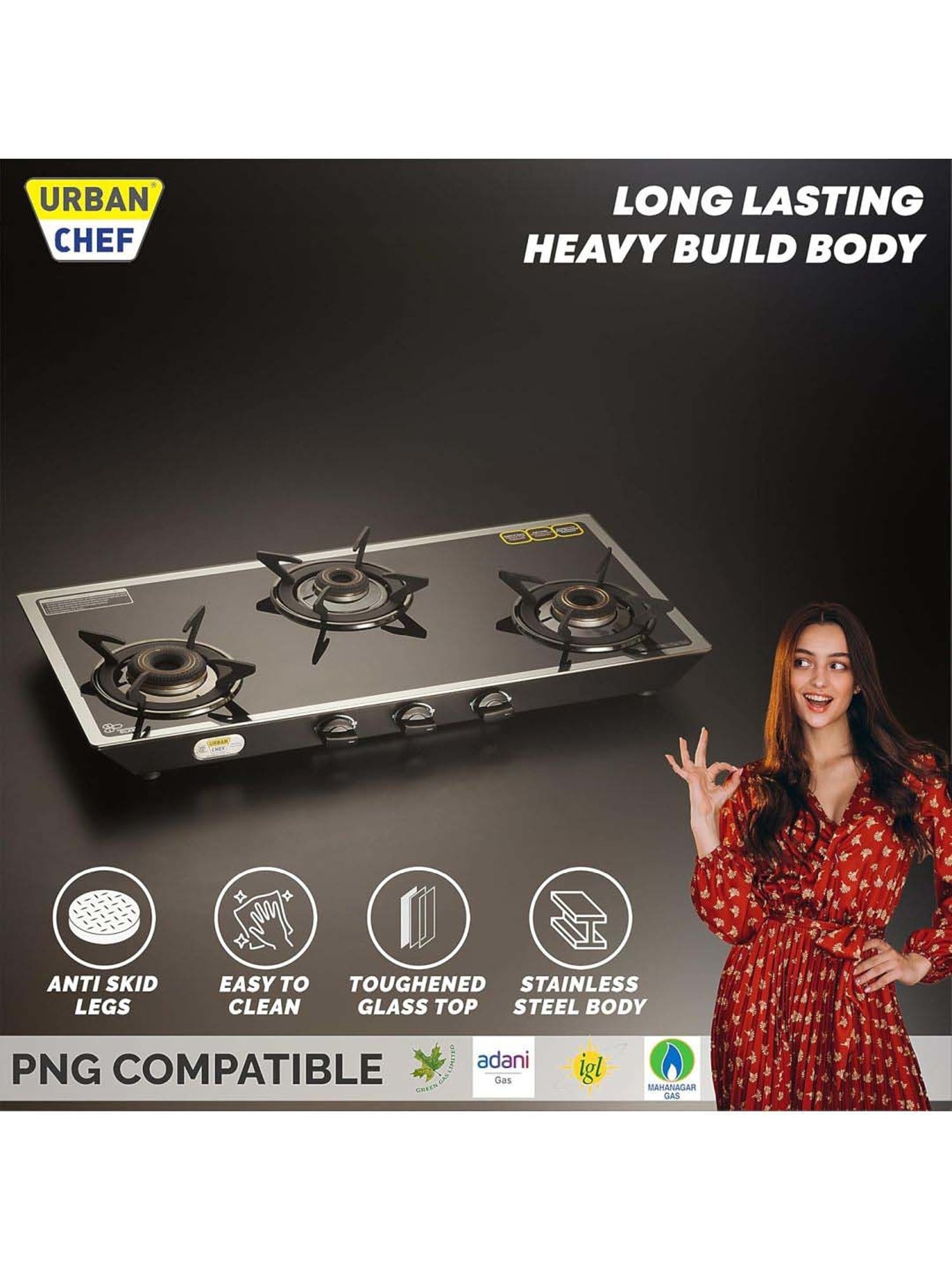 Urban Chef Gas Stove with 3 Burners ( Silver )