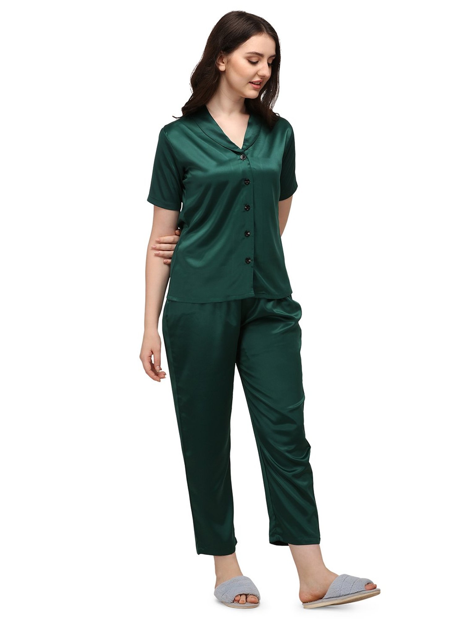 Smarty Pants Green Satin  Shirt With Pyjamas