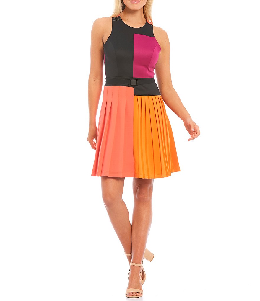 LDT Brielle Sleeveless Colorblock Round Neck Pleated Racer Dress