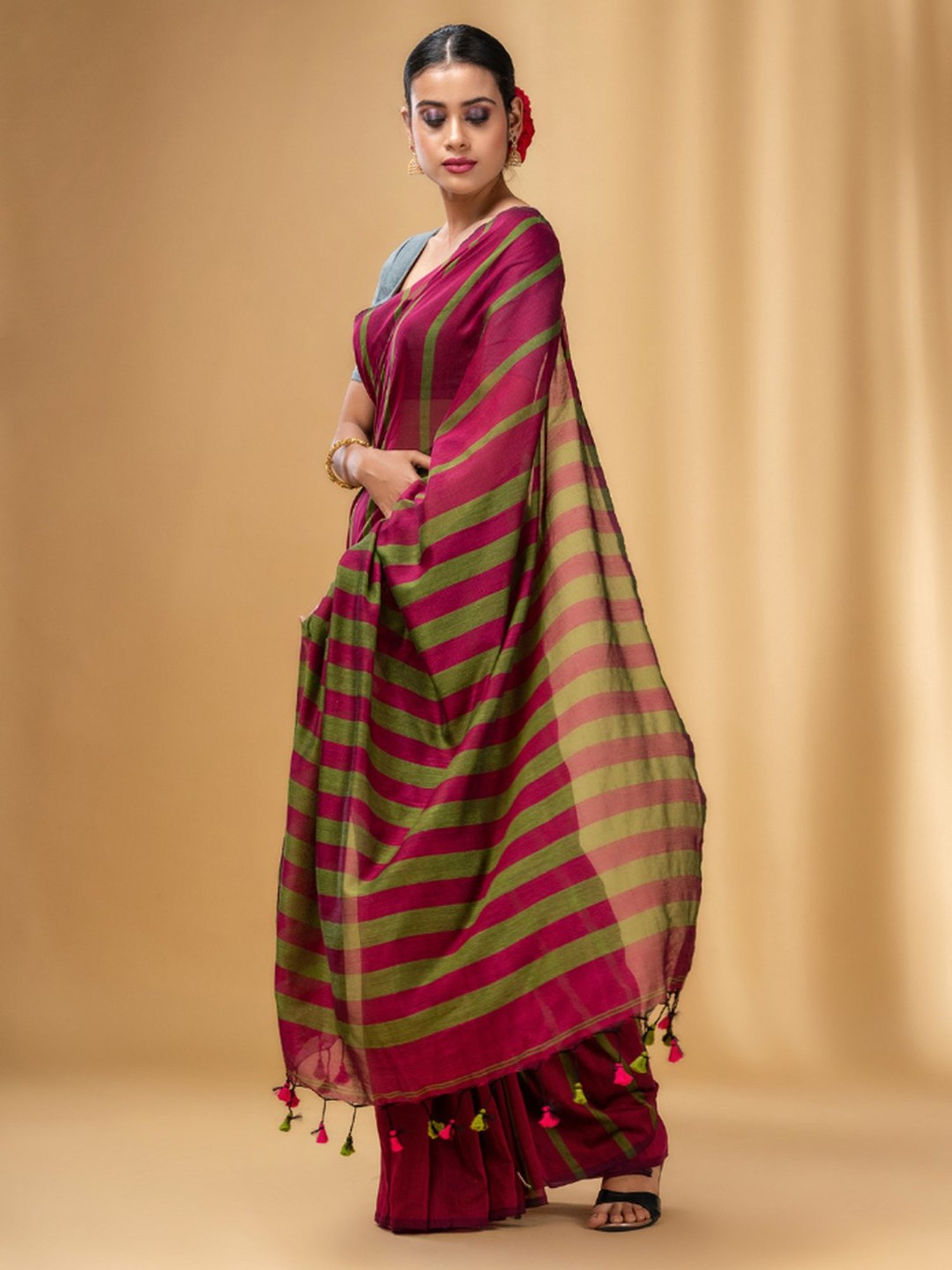 CHARUKRITI Fuchsia Pink & Green Cotton Striped Saree With Unstitched Blouse