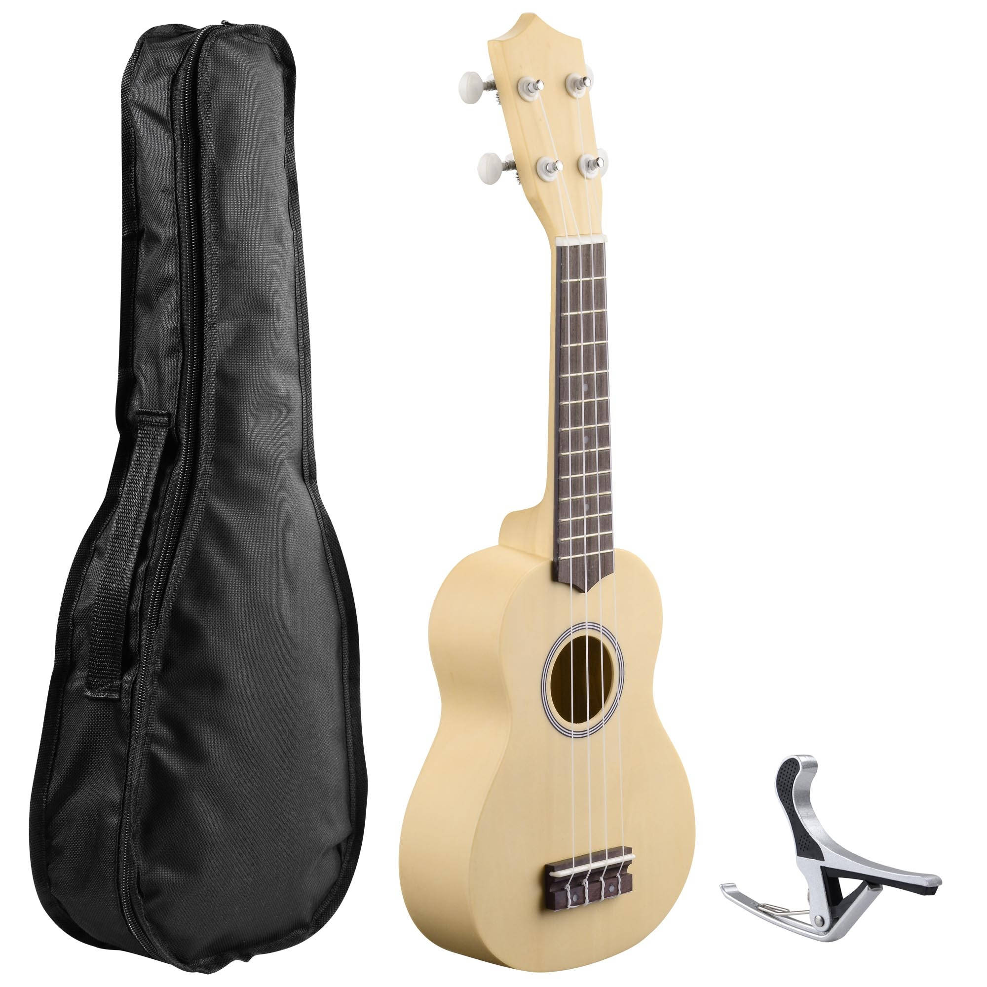 21" Basswood 12 Fret Soprano Ukulele with Aluminum Capo Carrying Bag Natural