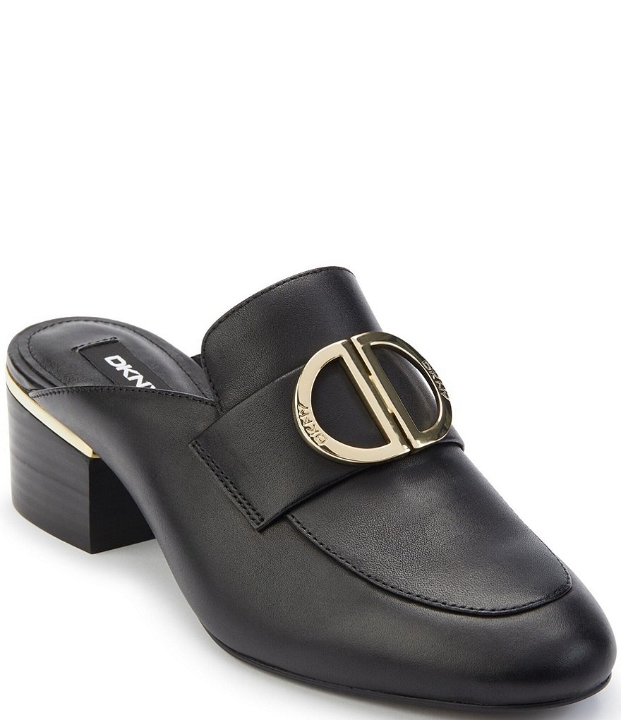 DKNY Rizz Leather Logo Hardware Strap Block Heel Mules