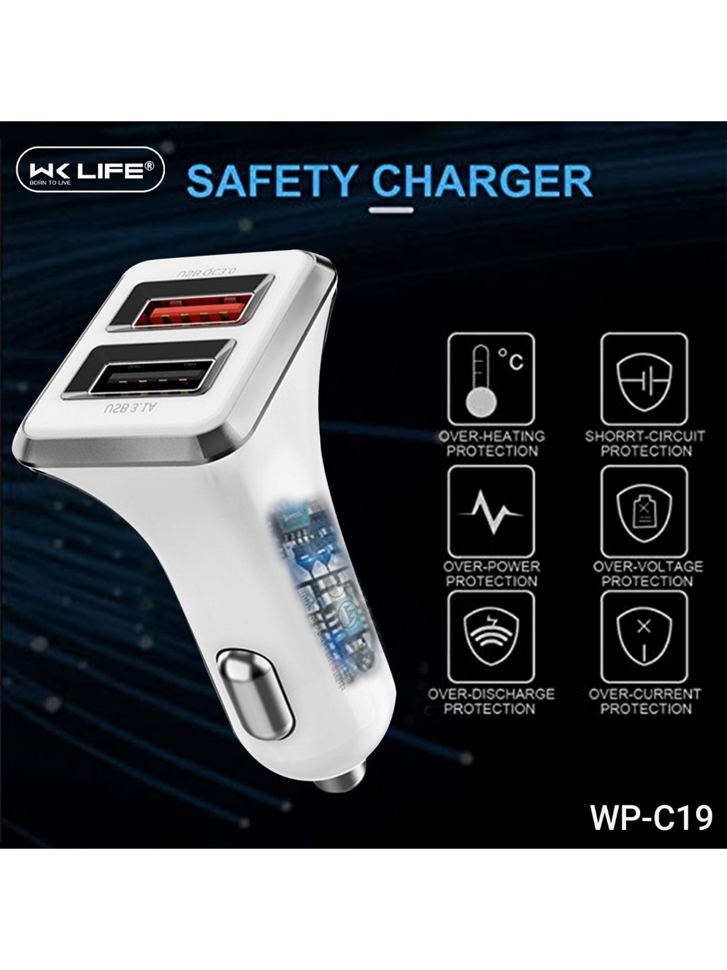 Wk Life WP C19 USB Car Charger for Apple & Android Devices (White)