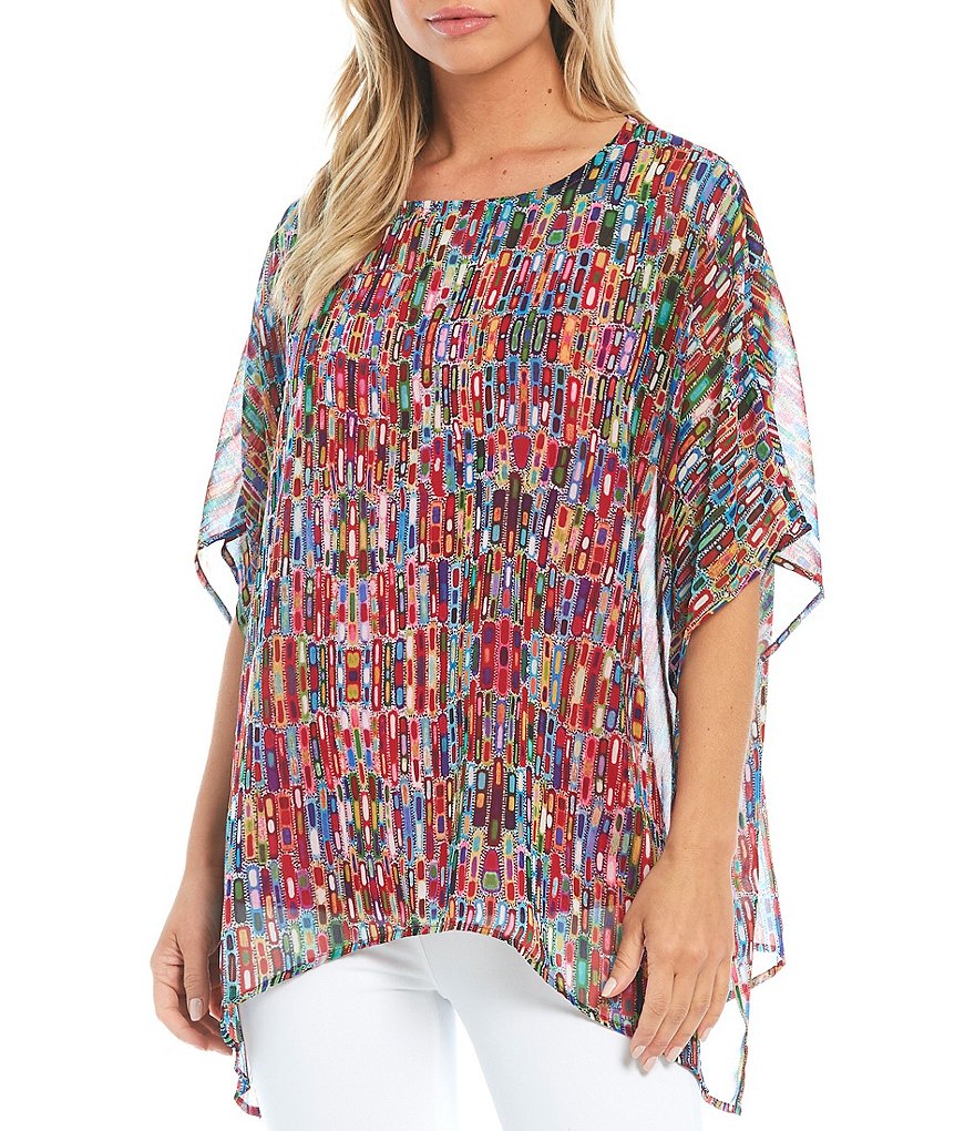 Ali Miles Abstract Print Chiffon Dolman Sleeve Poncho
