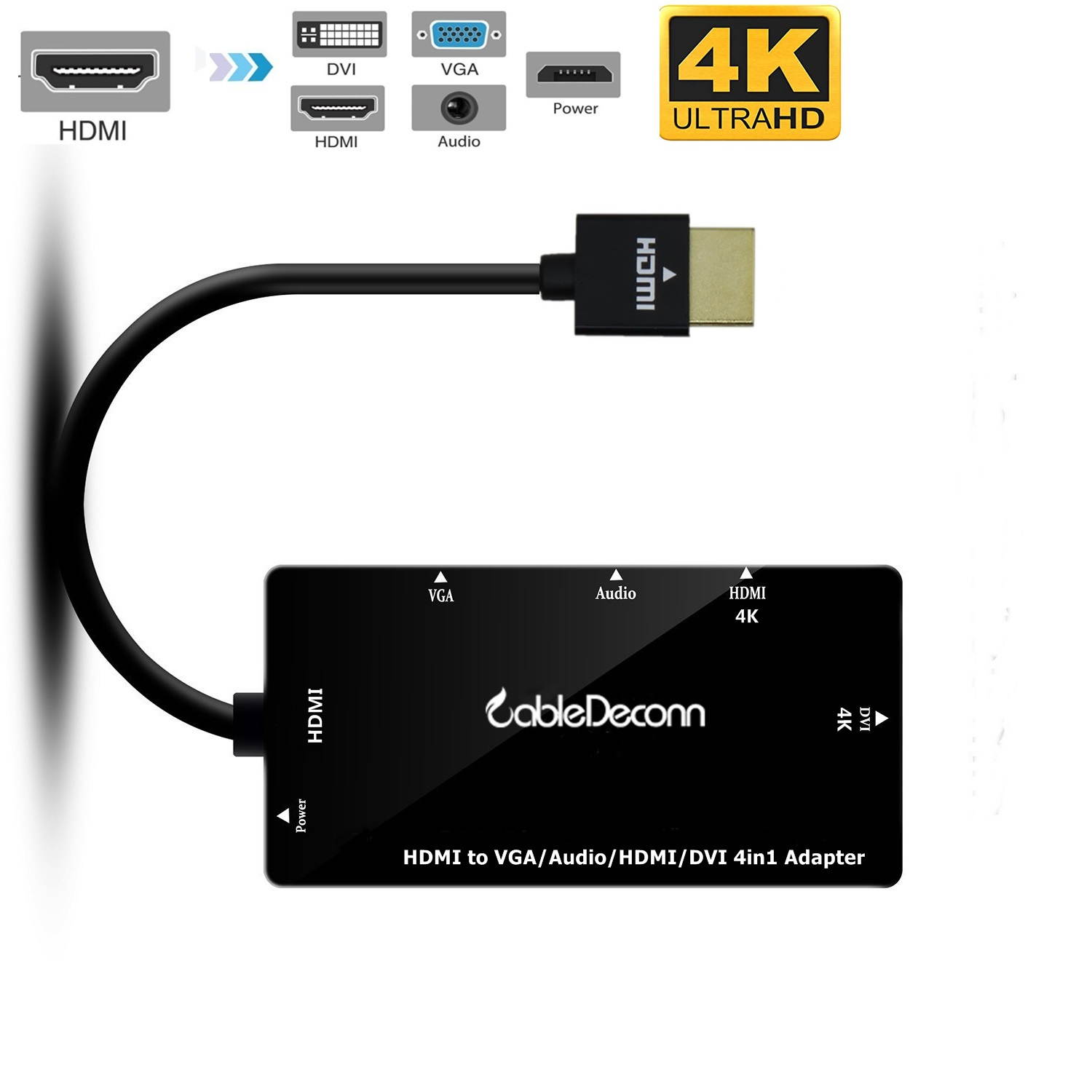 CableDeconn HDMI to HDMI DVI 4K VGA 1080P 3.5mm jack Audio With Micro USB Power 5in1 Adapter Cable for Laptop Video Card Computers Monitor
