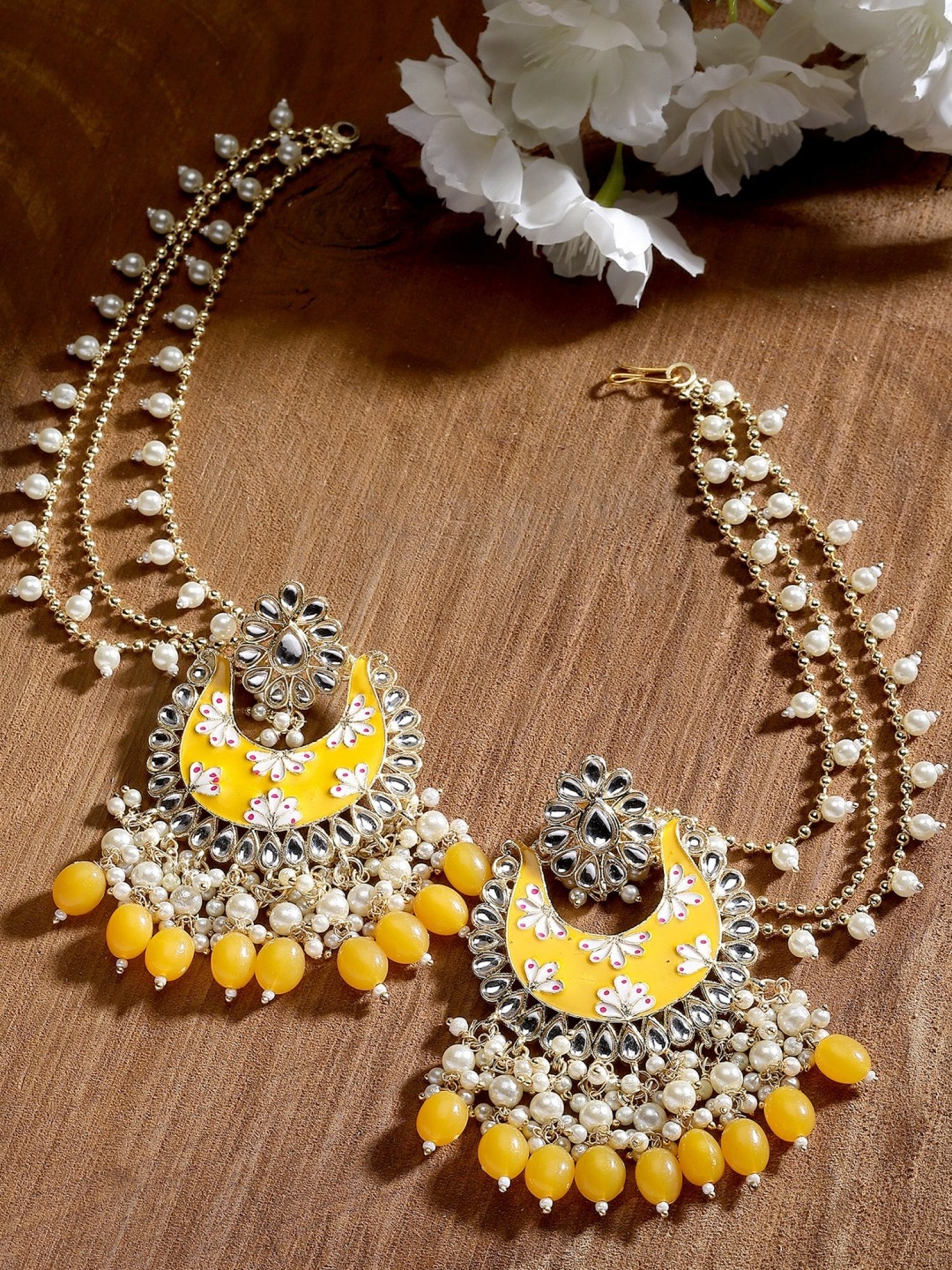 Karatcart Yellow Meena Floral Design Gold Plated Pearl and Tumble Studded Kundan Kaanchain Earrings