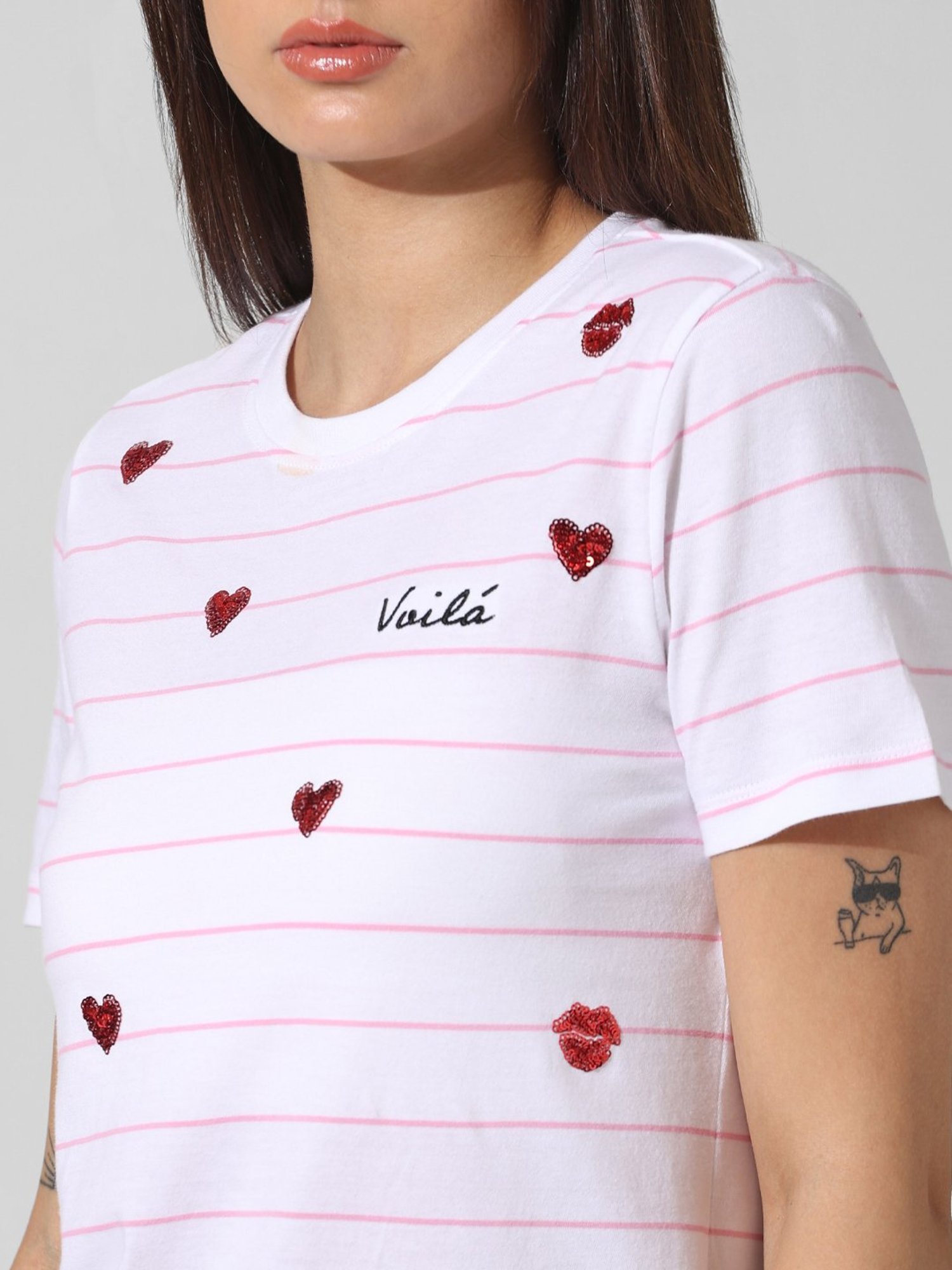 Only White & Pink Cotton Embellished T-Shirt