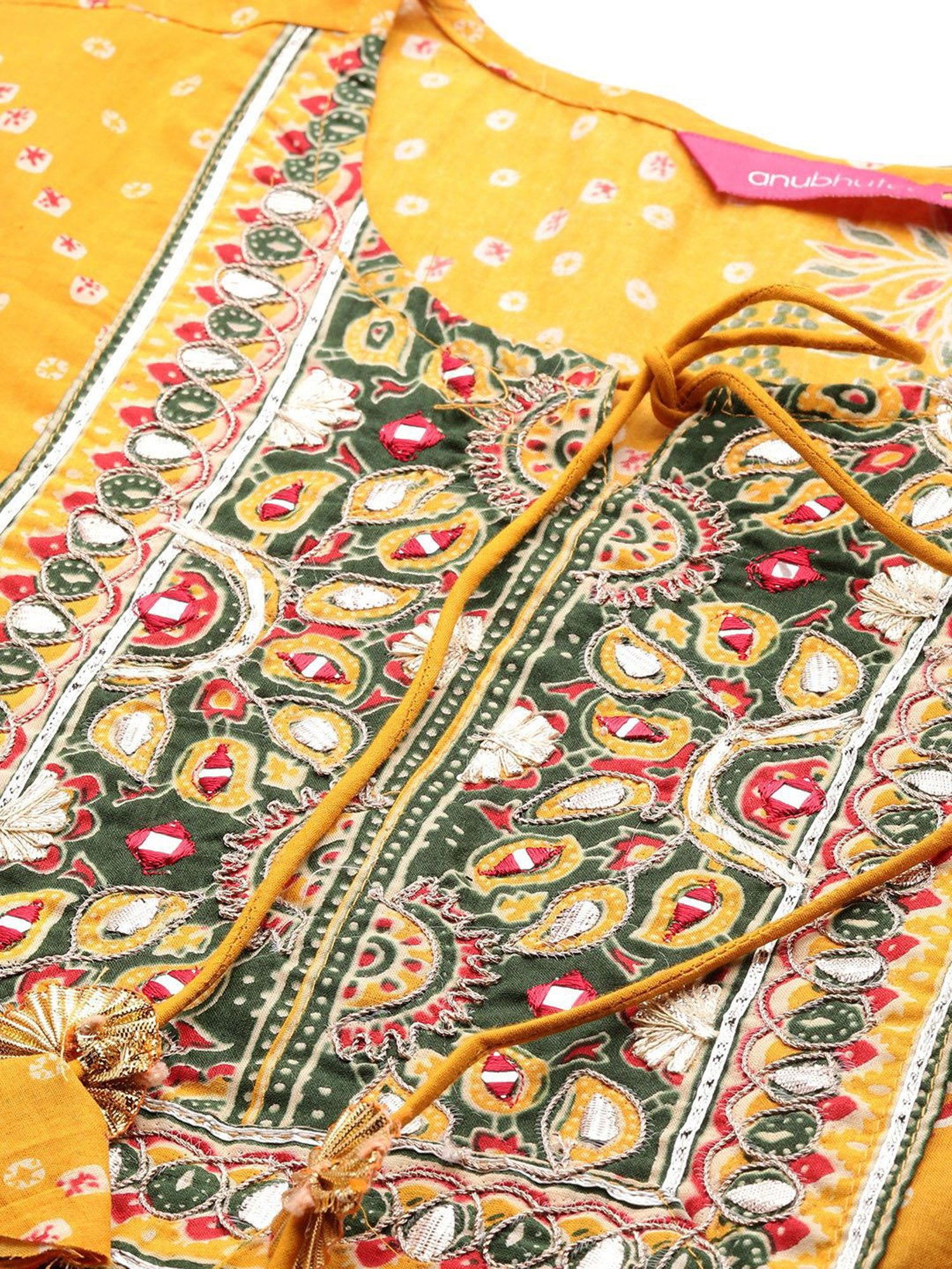 Anubhutee Yellow & Green Cotton Embroidered Kurta Pant Set With Dupatta