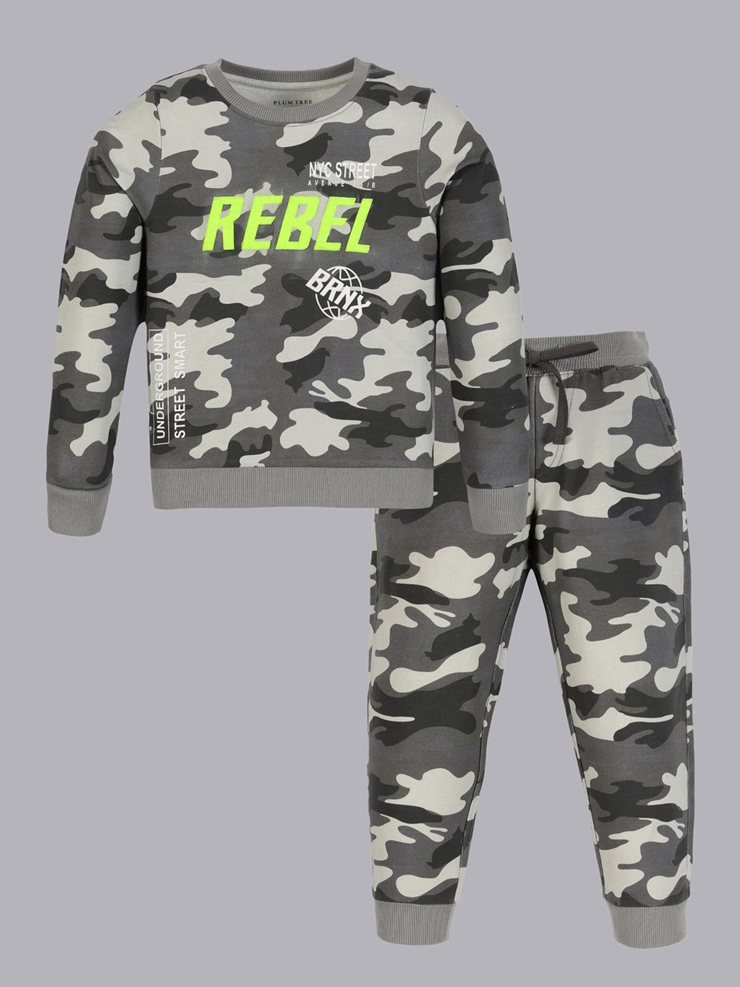 Plum Tree Boys Grey Camouflage Print Full Sleeves T-Shirt with Joggers