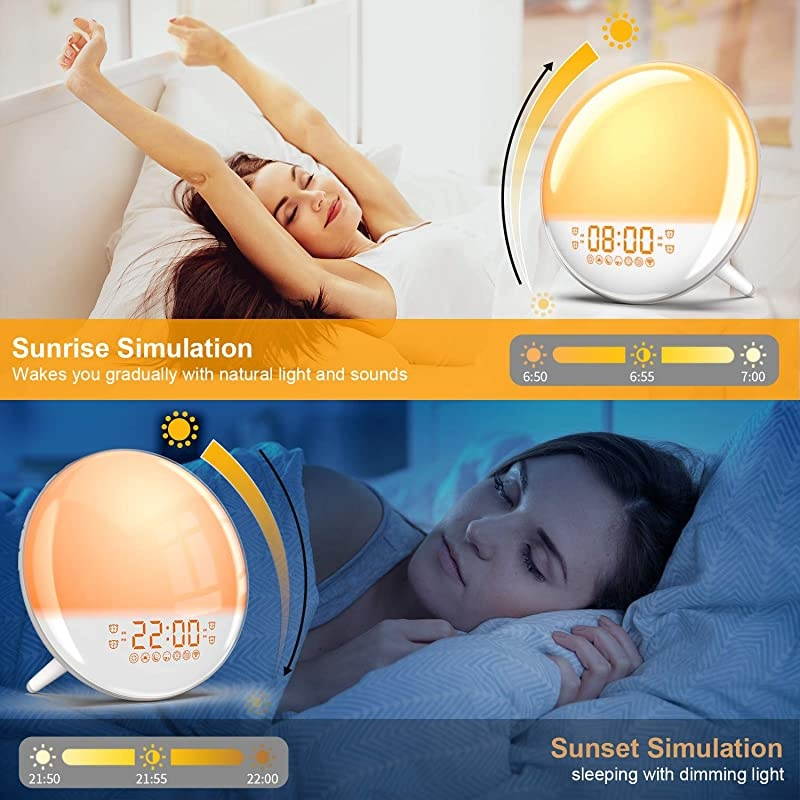 Alarm Clock Wake Up Light Smart WiFi Sunset Simulation Digital LED Clock Supports APP Control with FM Radio4 Alarms7 Alarm Sounds Snooze Function20 Brightness7 Colors Bedside Night Light