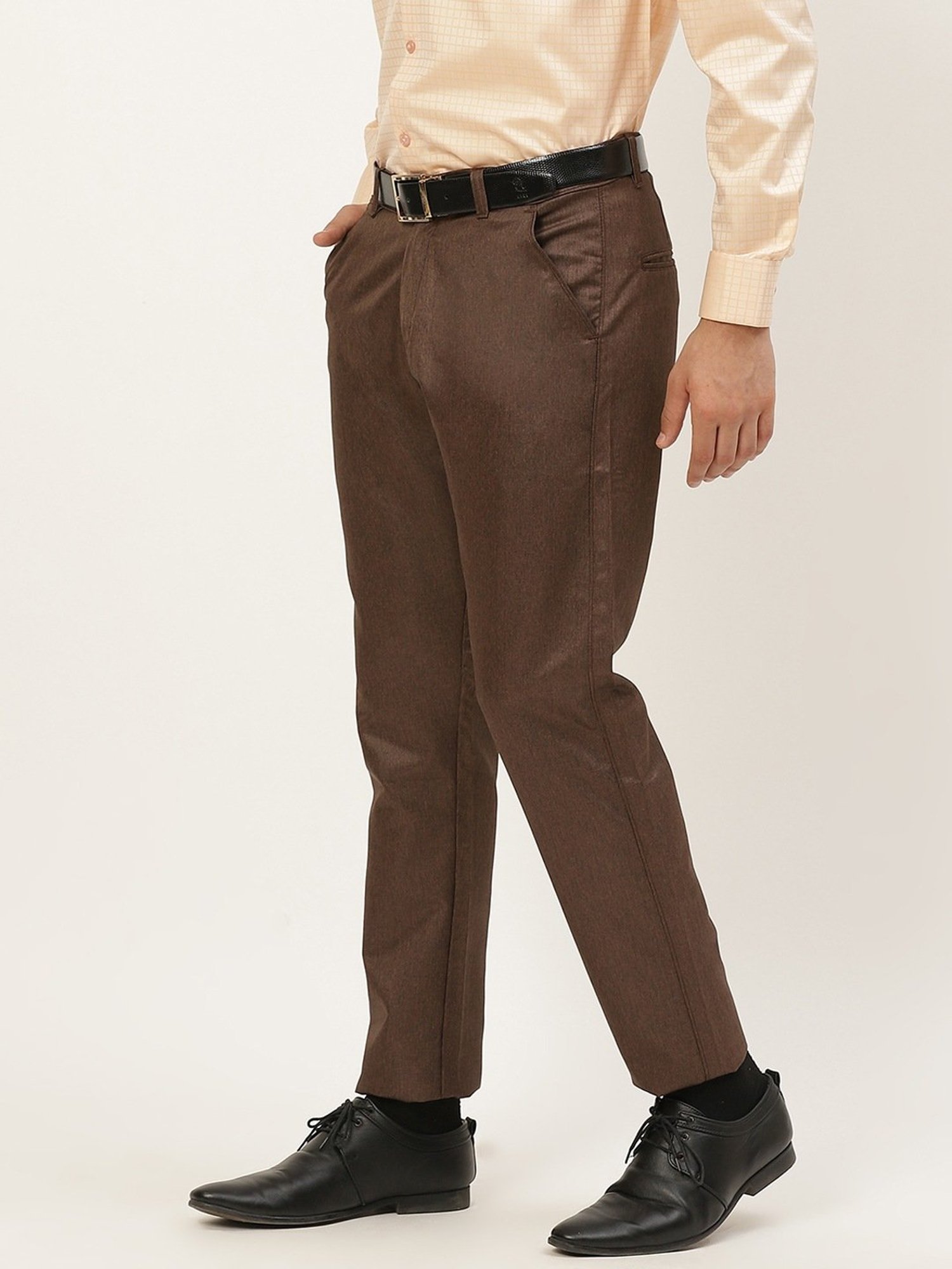 Sojanya Brown Cotton Regular Slim Fit Self Pattern Flat Front Trousers