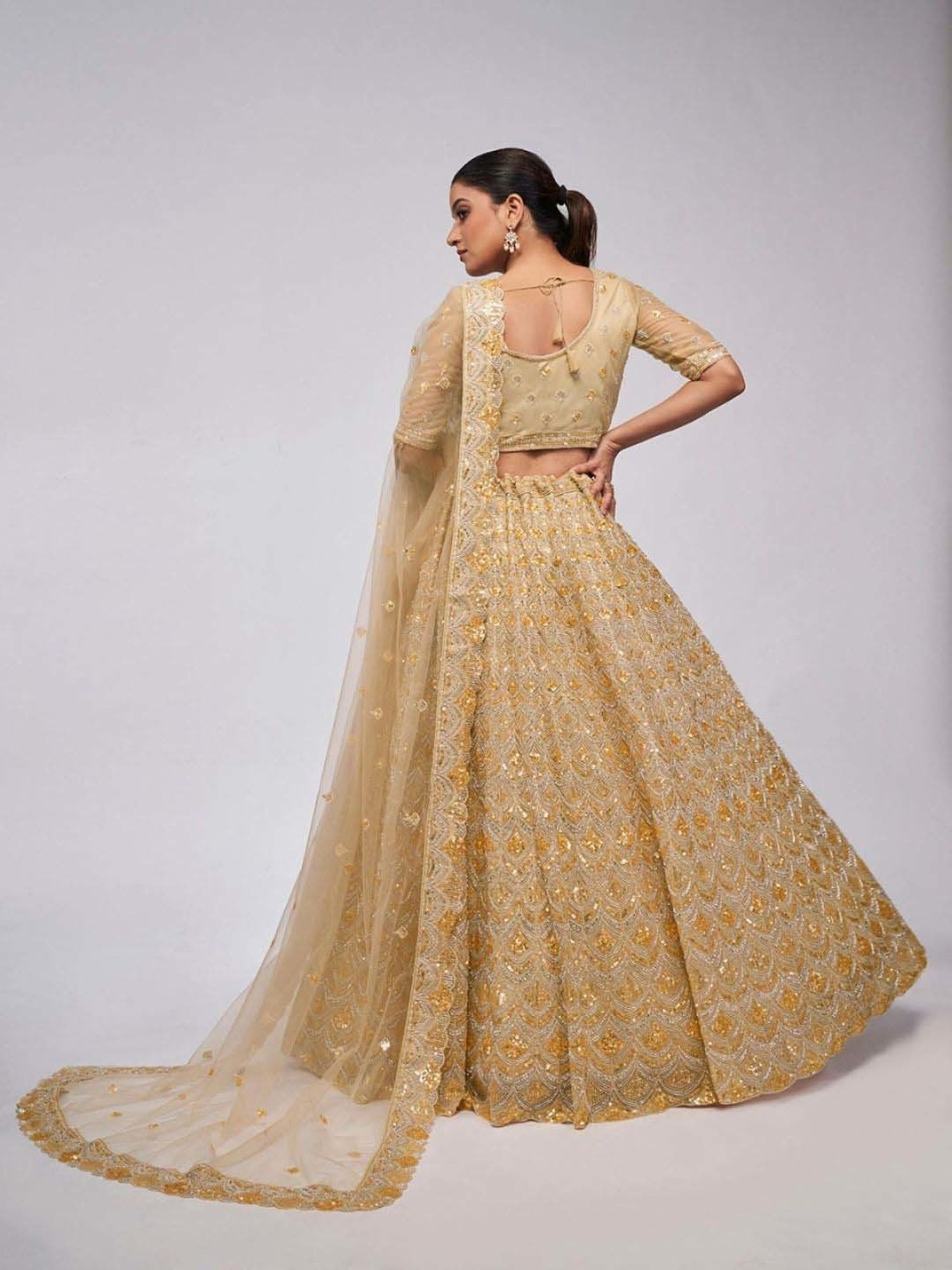 Odette Beige Embroidered Semi-Stitched Lehenga Choli Set with Dupatta
