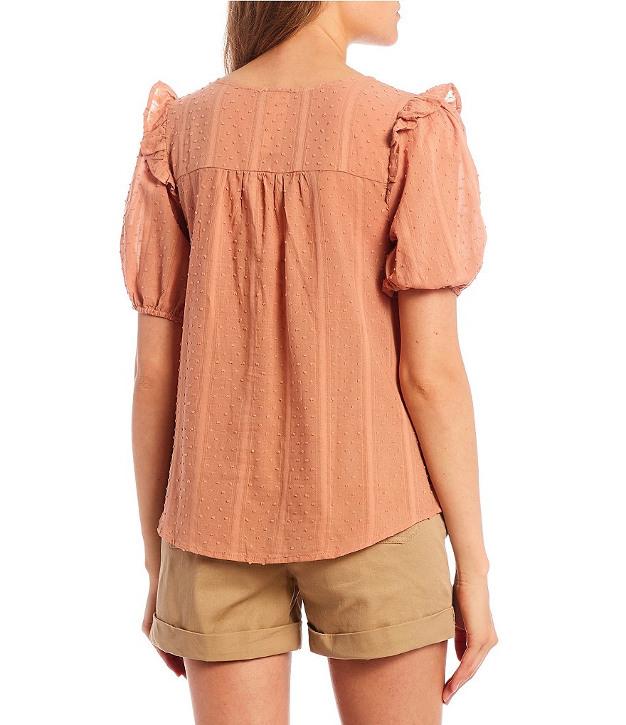 Blu Pepper Swiss Dot Puff Sleeve Button Front Top