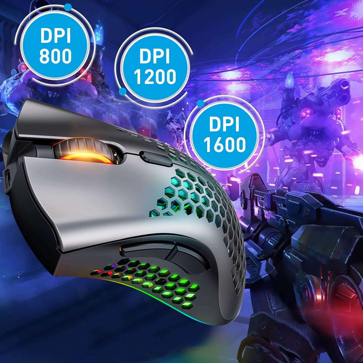 Wireless Gaming Mouse, Wireless Honeycomb Mouse, 7 Programmed Buttons with Silent Click, USB Receiver, Ergonomic RGB Optical Sensor Lightweight Honeycomb Shell Mouse for Computer, Laptop, PC (Black)