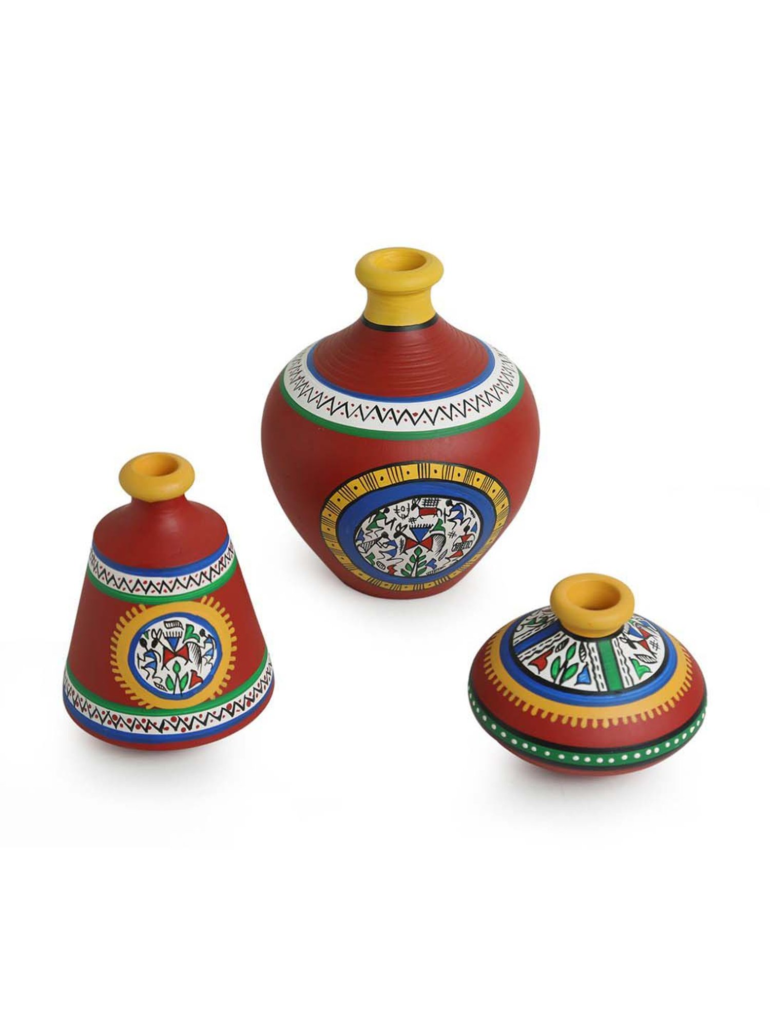 ExclusiveLane 'Warli Red Matkis' Hand-Painted Vases Combo In Terracotta (Set of 3)