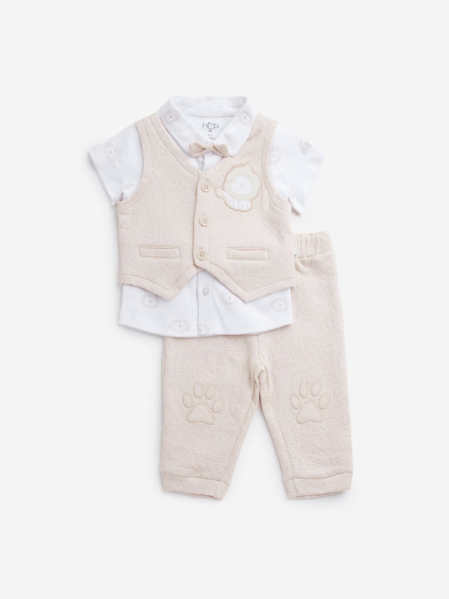 HOP Baby by Westside Beige Cotton Waistcoat, Shirt, Trousers & Bow Set