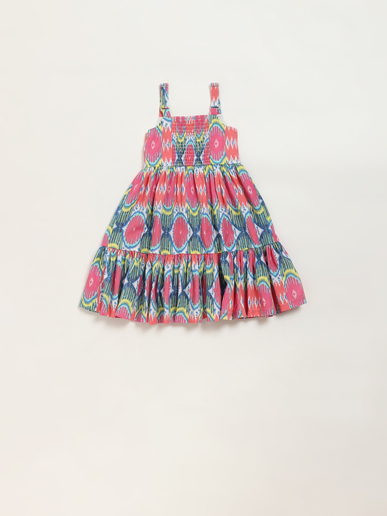 Utsa Kids by Westside Pink Ikat Print Tiered Cotton Blend Dress