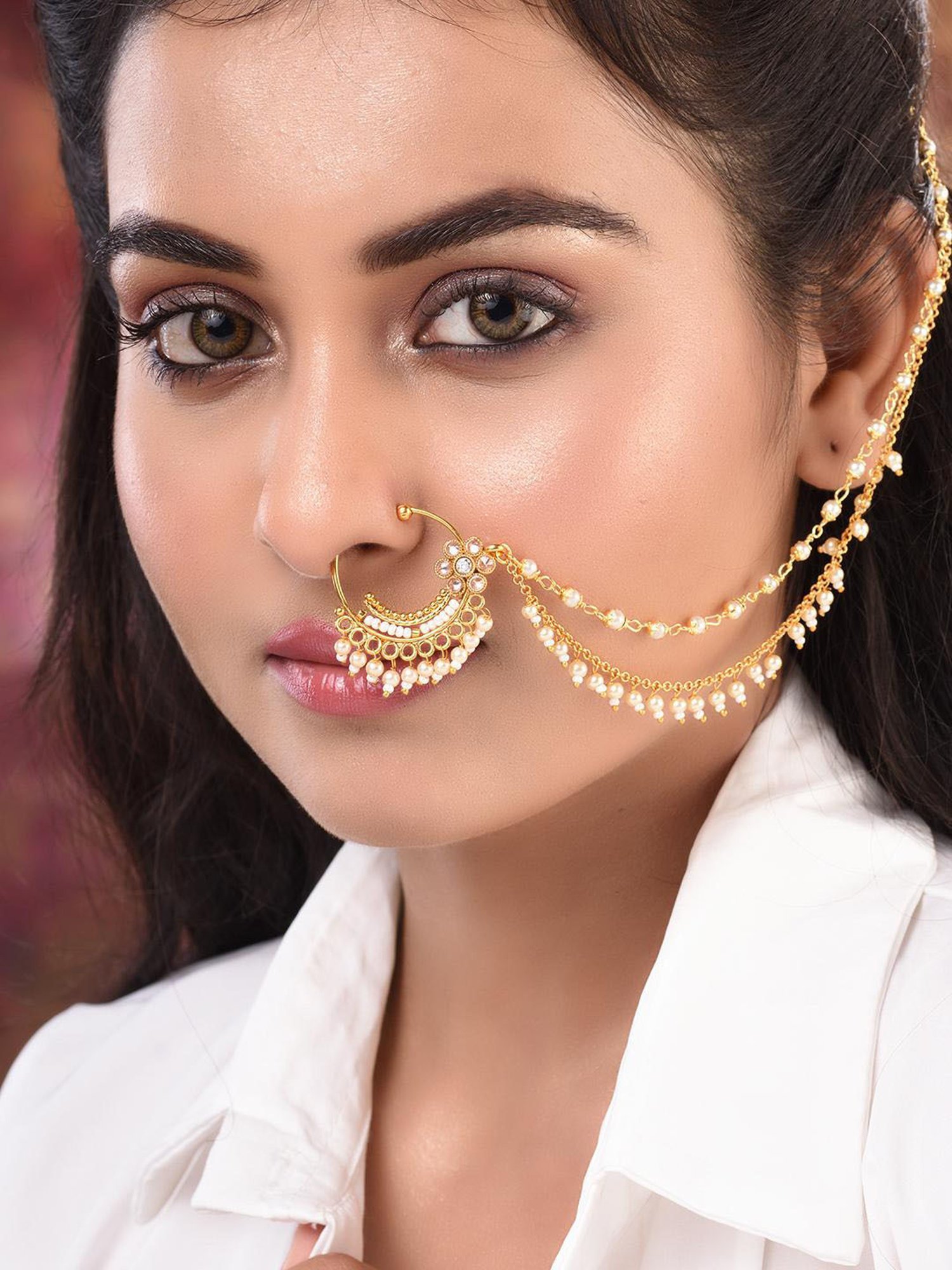 Saraf Rs Jewellery Gold Toned White Pearl Beaded Designer Nath Nose Ring With Chain