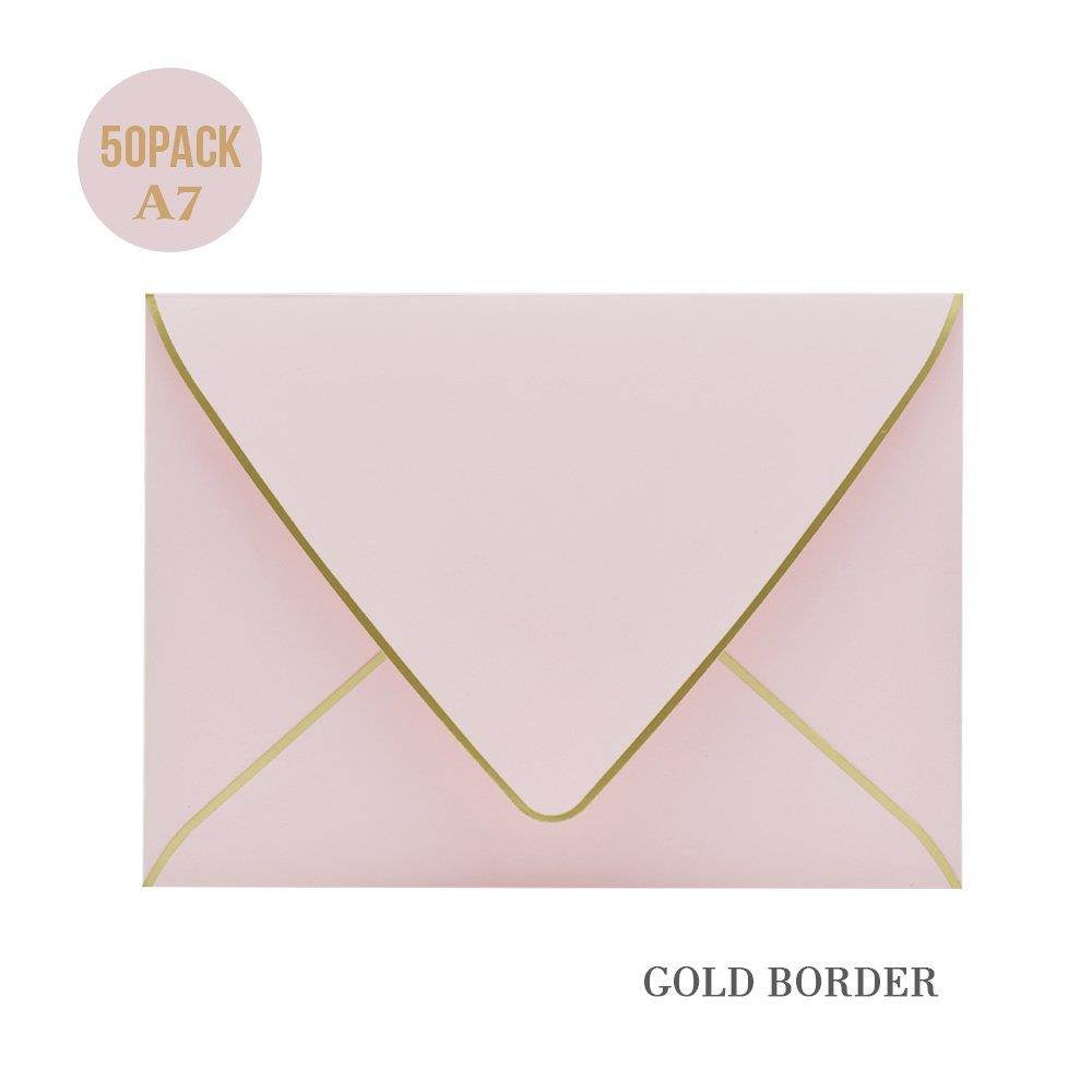 A7 Pink Envelopes 5 x 7 - V Flap, Quick Self Seal, with Gold Border, for 5x7 Cards| Perfect for Weddings, Invitations, Photos, Graduation, Baby Shower|Thick Luxurr Paper (Pink) (Pink-Golden Border)