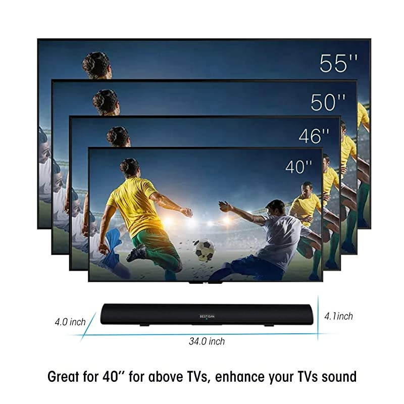 Watt Soundbar, BESTISAN Sound Bars for TV of Home Theater System (Bluetooth 5.0, 34 inch, DSP, Strong Bass, Wireless Wired Connections, Bass Adjustable, Wall Mountable)