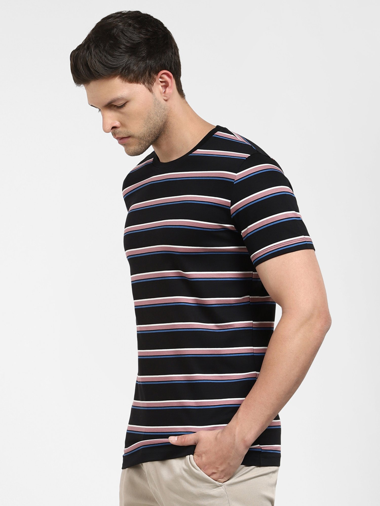SELECTED HOMME Black Slim Fit Striped Crew T-Shirt