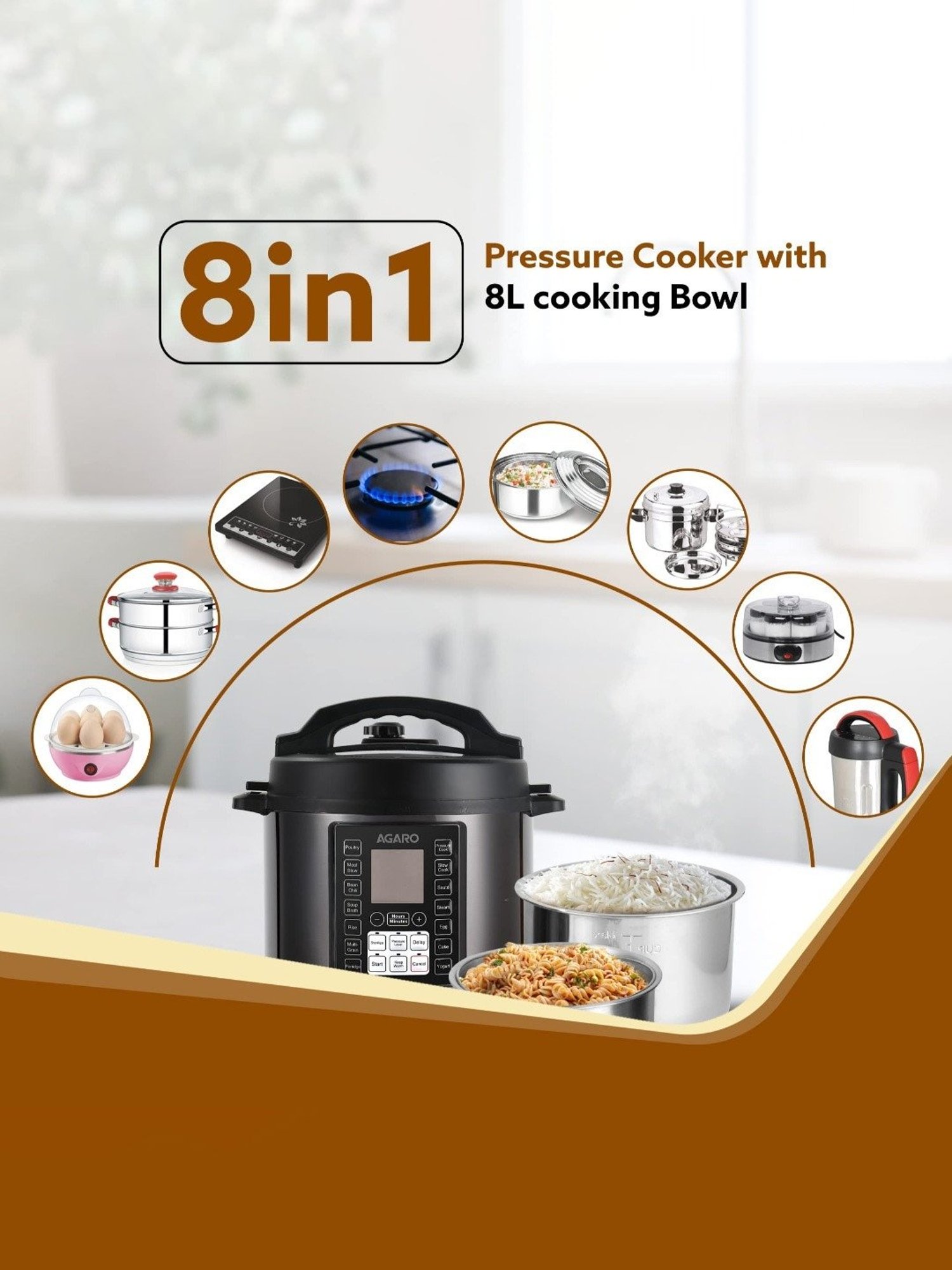 Agaro Imperial Electric Pressure Cooker 8 L with 14 Pre Set multi Cooking Functions(Black)