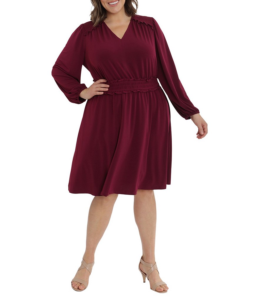 London Times Plus Size Long Sleeve V-Neck Smocked Waist Dress