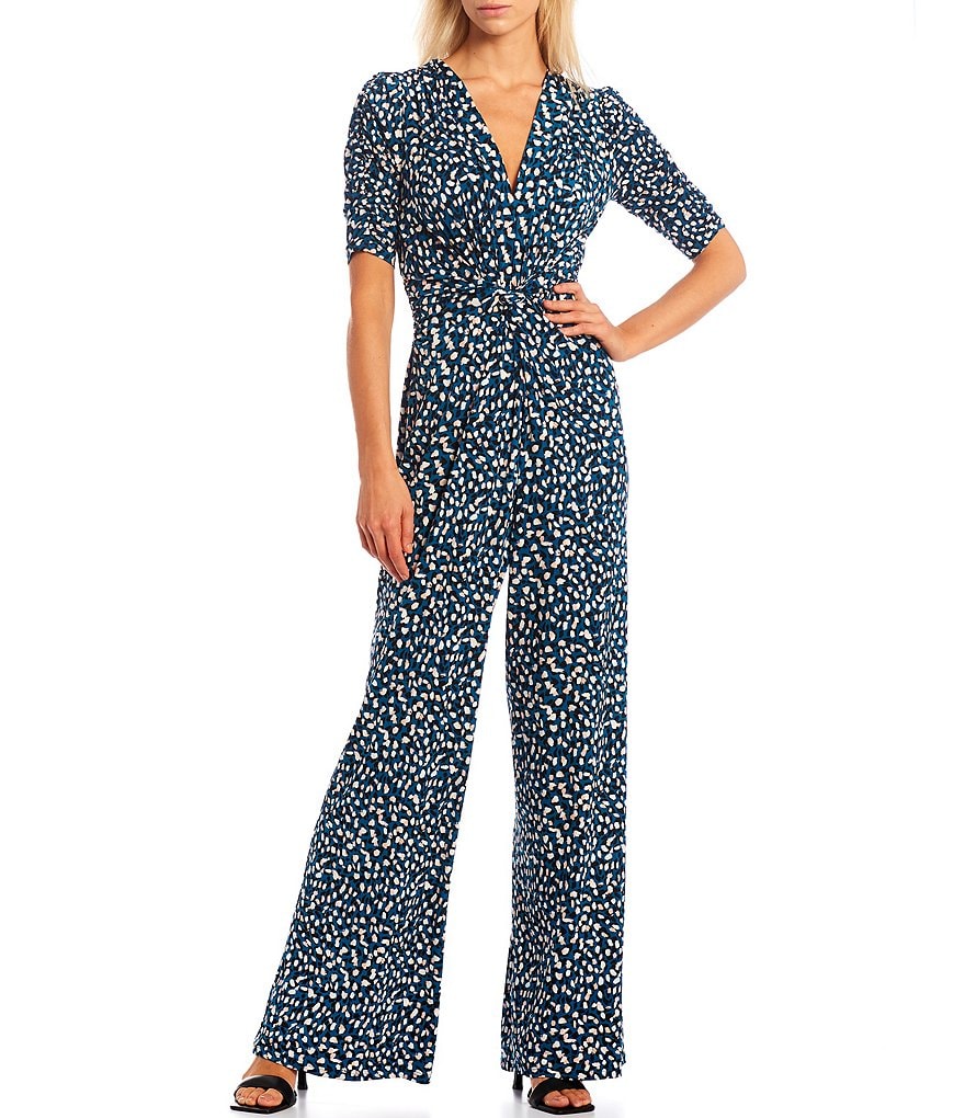 Vince Camuto Twist Front Short Sleeve V-Neck Jersey Knit Geo Jumpsuit
