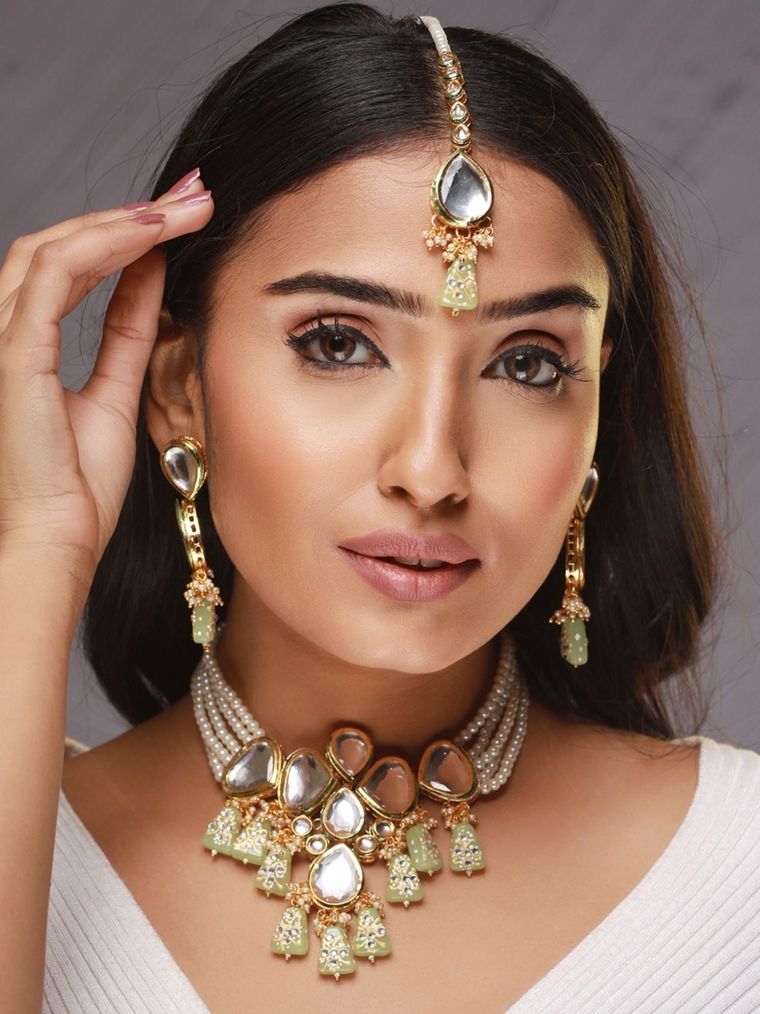 Aatmana Gold-Plated White & Green Choker Necklace Set with Maang Tikka