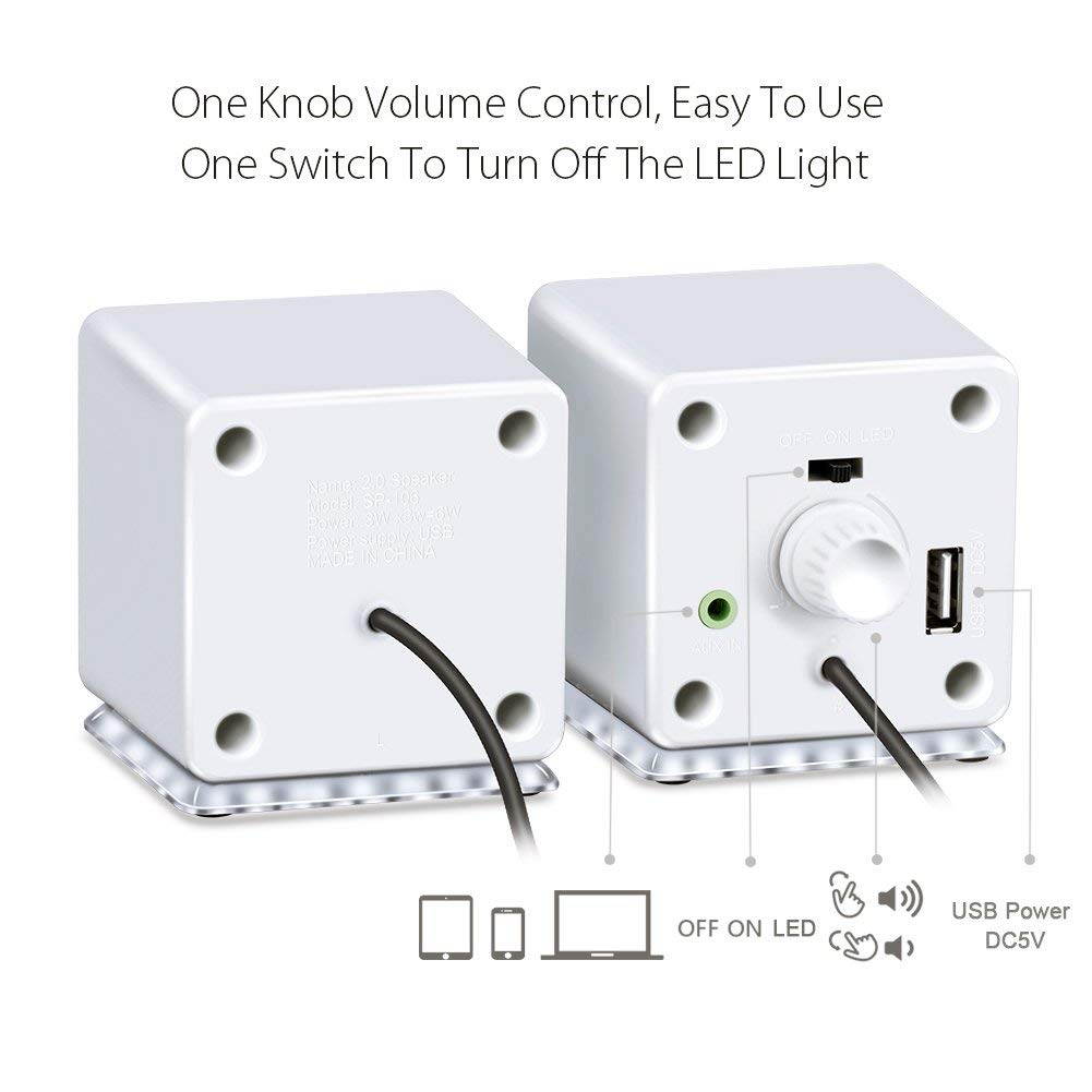 ARVICKA Blue LED USB Speakers- Wired Laptop Speakers 2.0 Channel Small Computer Desktop Speakers for PC, Echo Dot, Updated Version, White