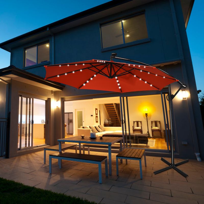 Costway 10FT Patio Offset Umbrella Solar LED 360degrees Rotation Orange