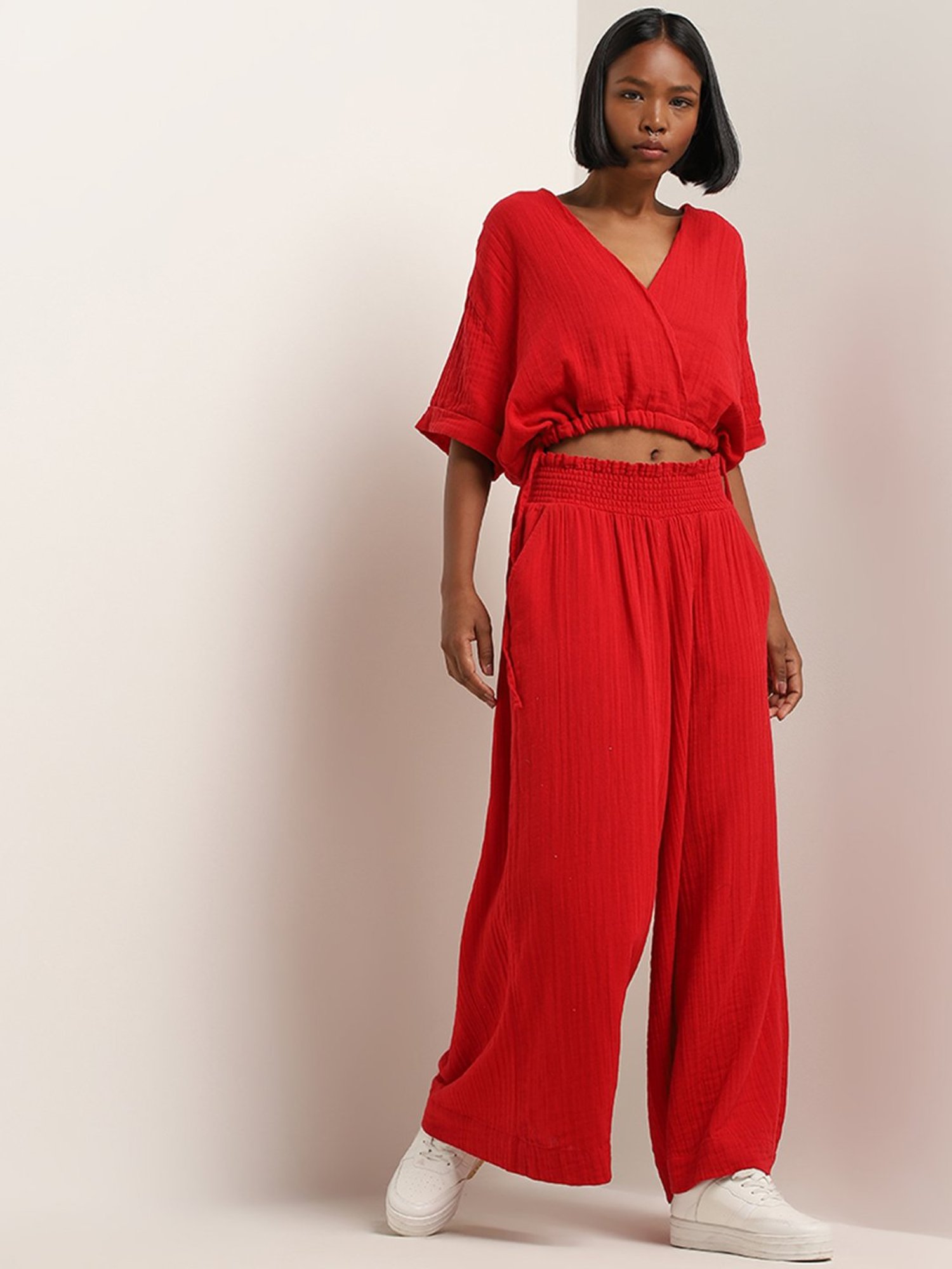 Superstar by Westside Red Crinkle Textured High-Rise Cotton Pants