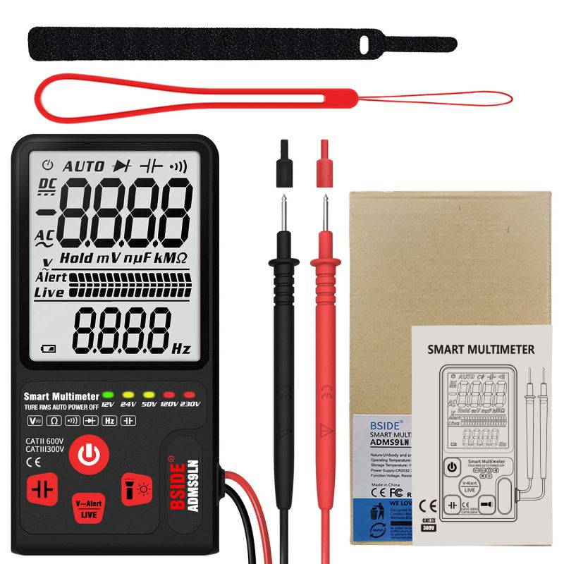BSIDE 9999 Counts Smart Multimeter True RMS Digital Multimeter Measuring AC/DC Voltage Resistance Frequency with LCD Display DC/AC Voltage Meter Resistance Capacitance Diode Tester Measure Continuity