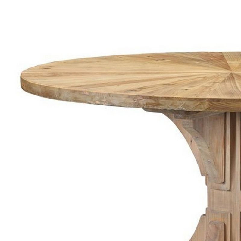 Round Sunburst Plank Top Dining Table with Pedestal Base Natural Brown - Benzara