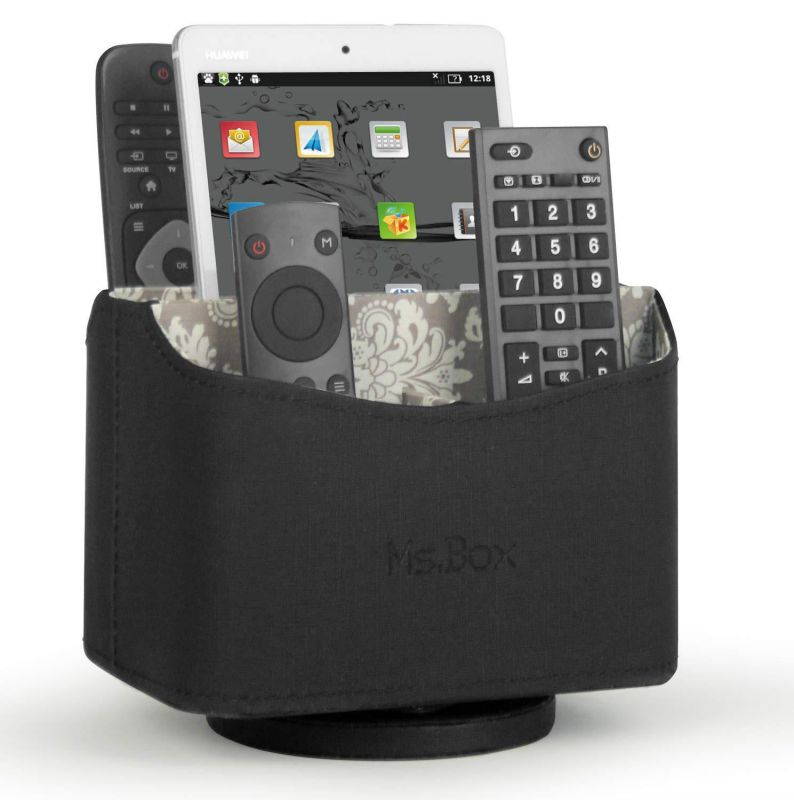 Spinning Rotating Smoothly Remote Control/Controller Holder Organizer, Remote Caddy with Beautiful Pattern&Soft lining, Desktop Organizer for Home/Office, Black PU Leather, 7.3x 5.5 x 6 inches