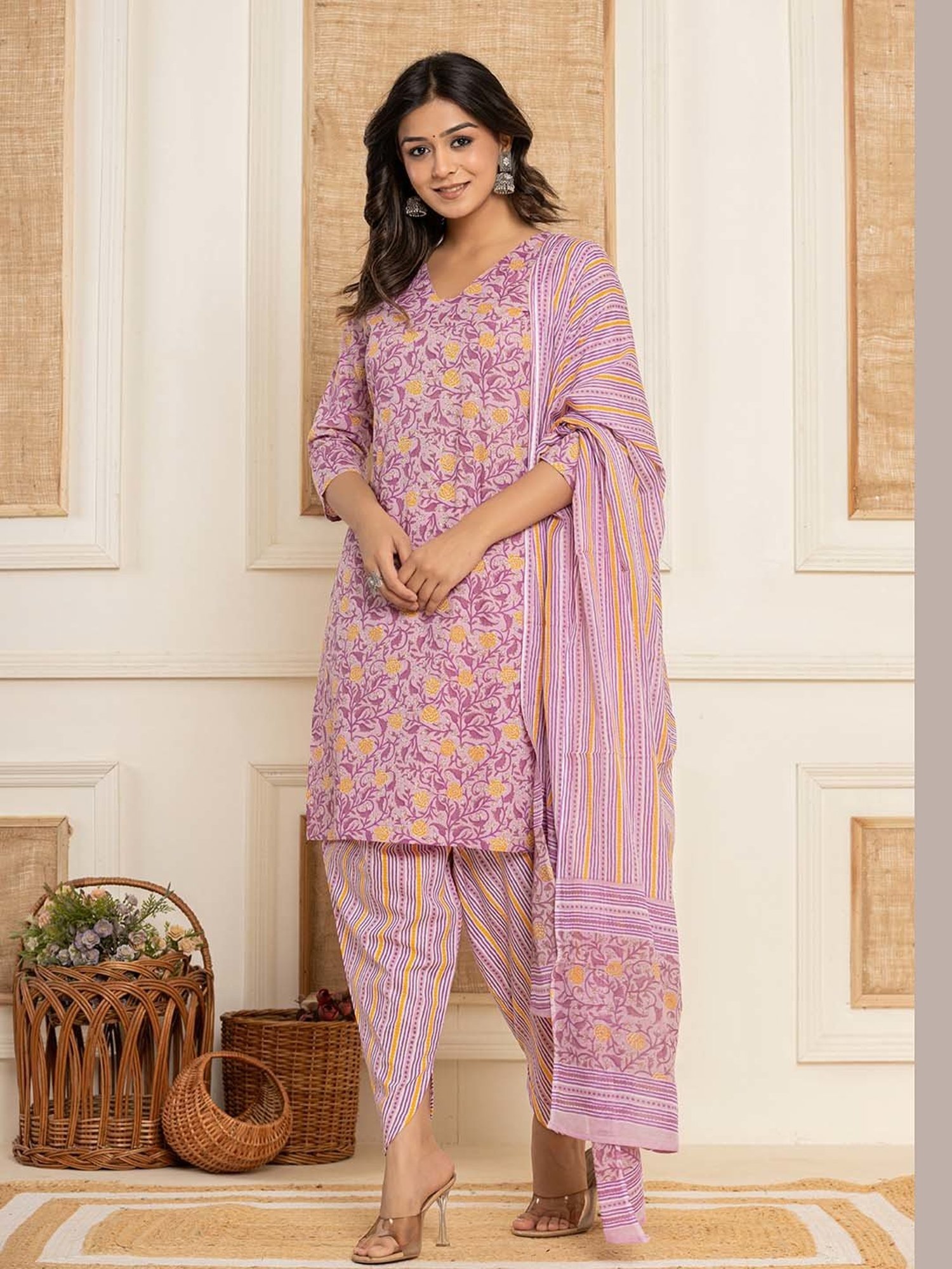 Yufta Purple Cotton Printed Kurta Dhoti Pant Set With Dupatta