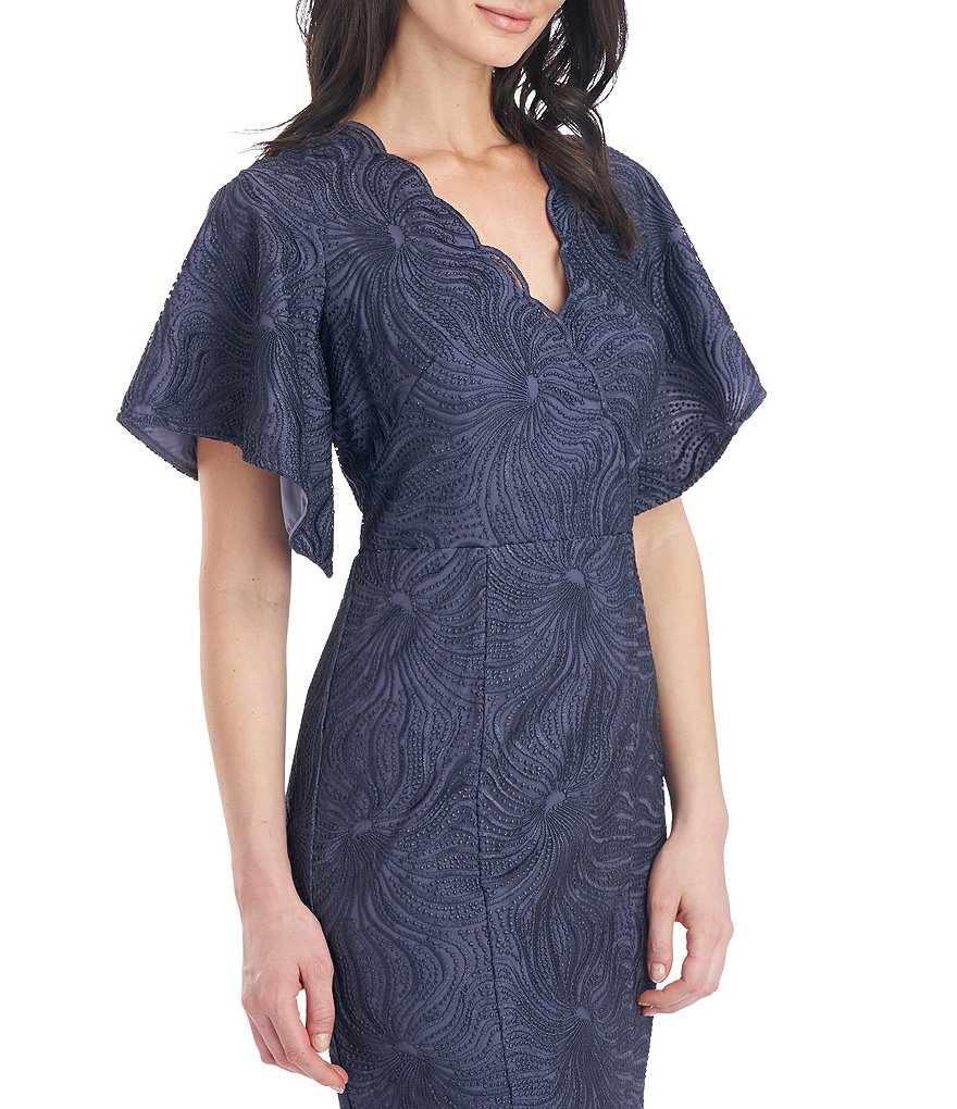 JS Collections Drina V-Neck Column Scalloped Lace Short Flutter Sleeve Gown