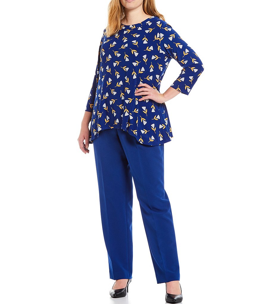 Anne Klein Plus Size Luxe Lily Print Jersey Knit Sharkbite Round Neck 3/4 Sleeve Top